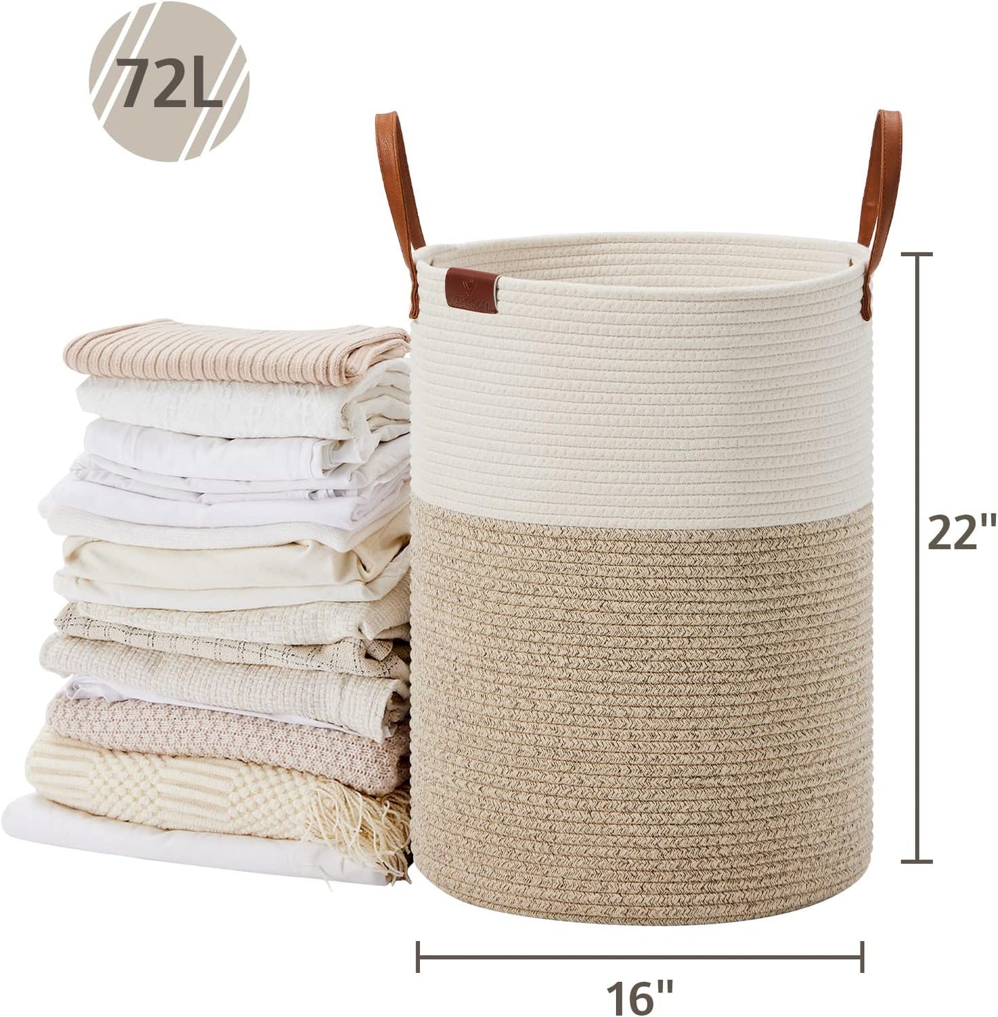 VIPOSCO Tall Laundry Basket, Large Dirty Clothes Hamper with Leather Handle, Woven Rope Storage