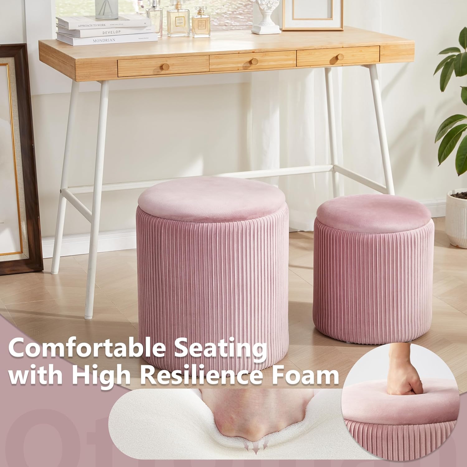 Round Ottoman with Storage Set of 2,Vanity Stool with Storage for Bedroom, Ottoman Coffee