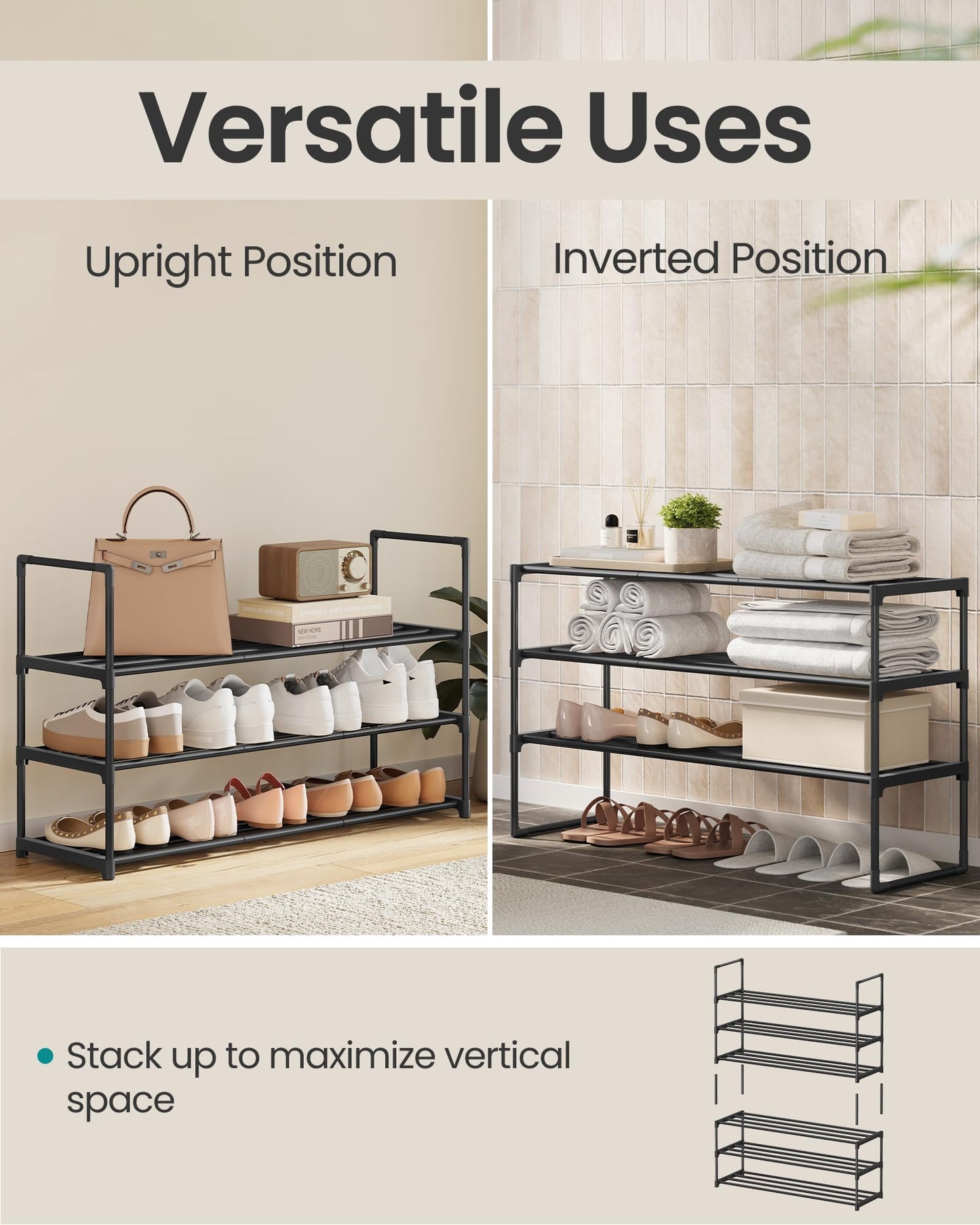 SONGMICS Shoe Rack, 3-Tier Shoe Organizer, Metal Storage Shelf, Upright or Upside Down, for 16-20