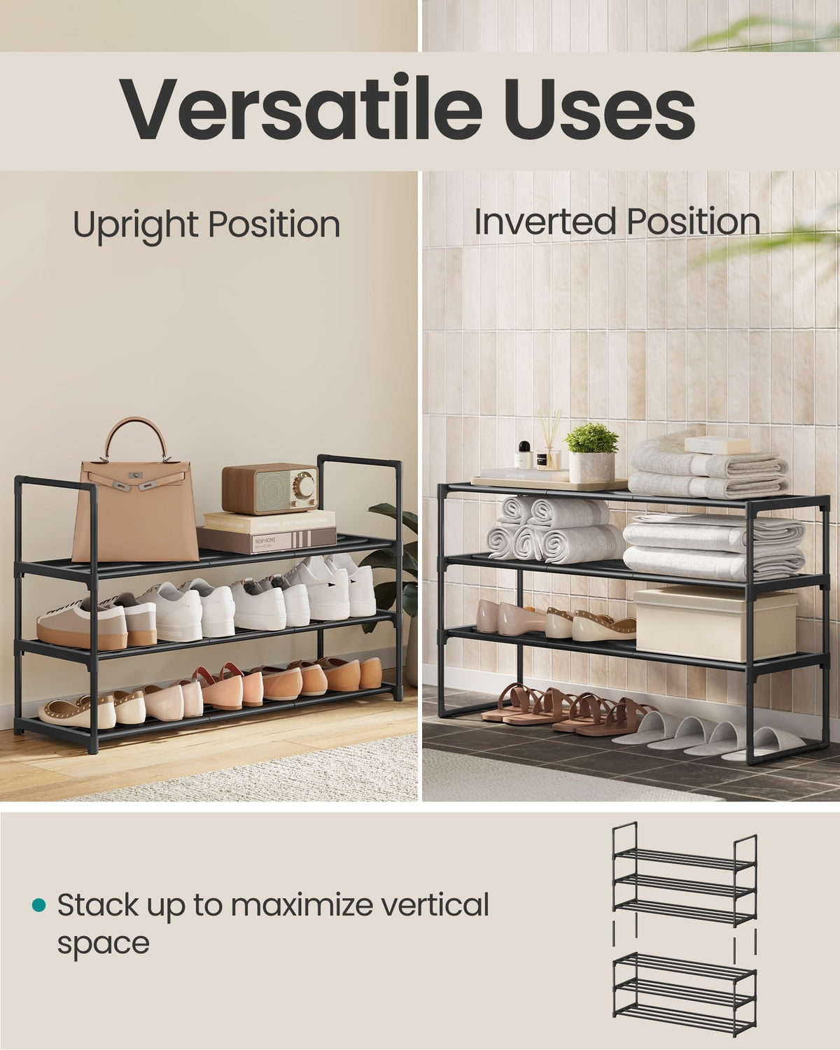 SONGMICS Shoe Rack, 3-Tier Shoe Organizer, Metal Storage Shelf, Upright or Upside Down, for 16-20