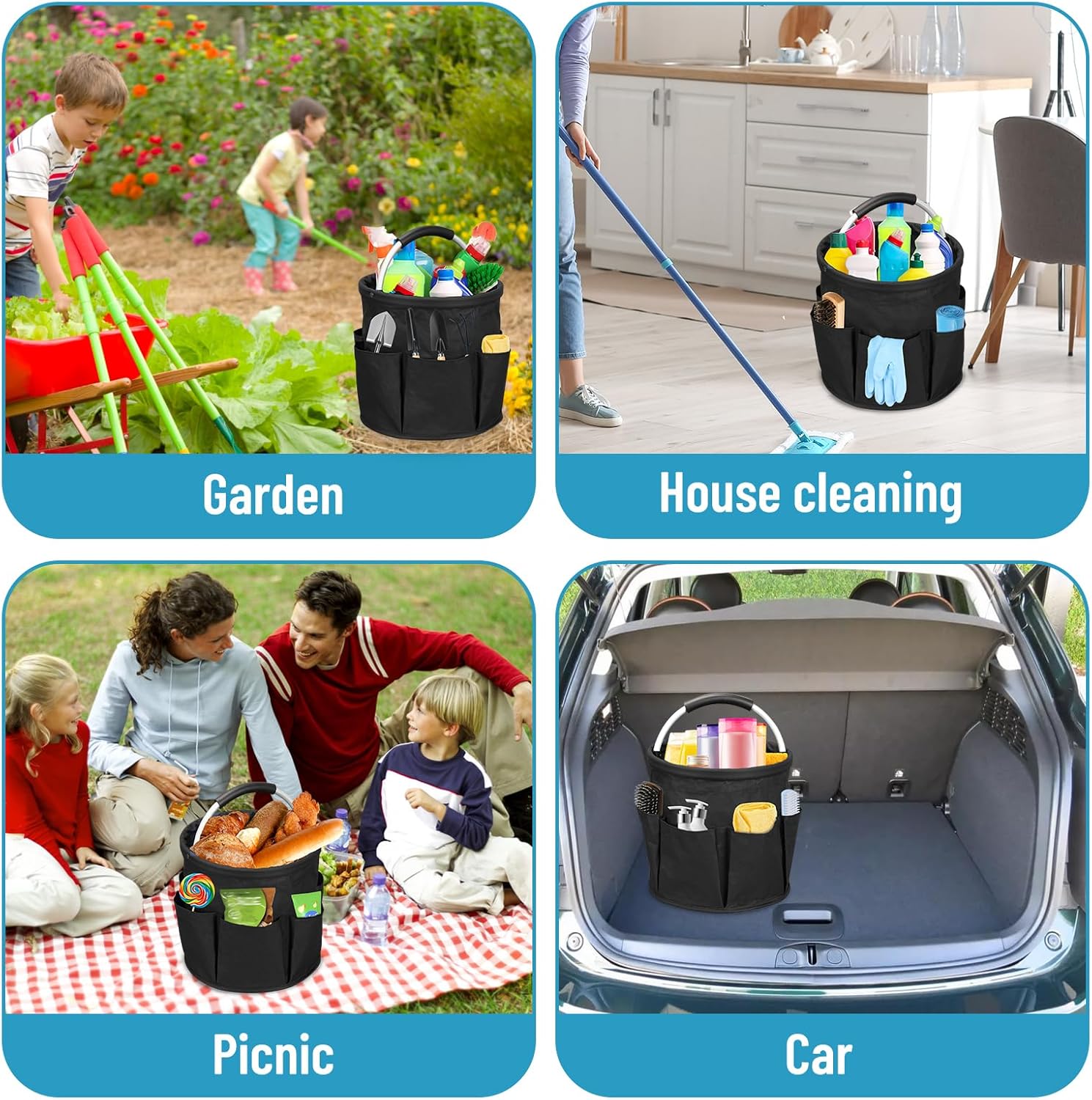 Qivine 17L Cleaning Caddy with Handle, Cleaning Supply Caddy Foldable Tool Bag Cleaning Products