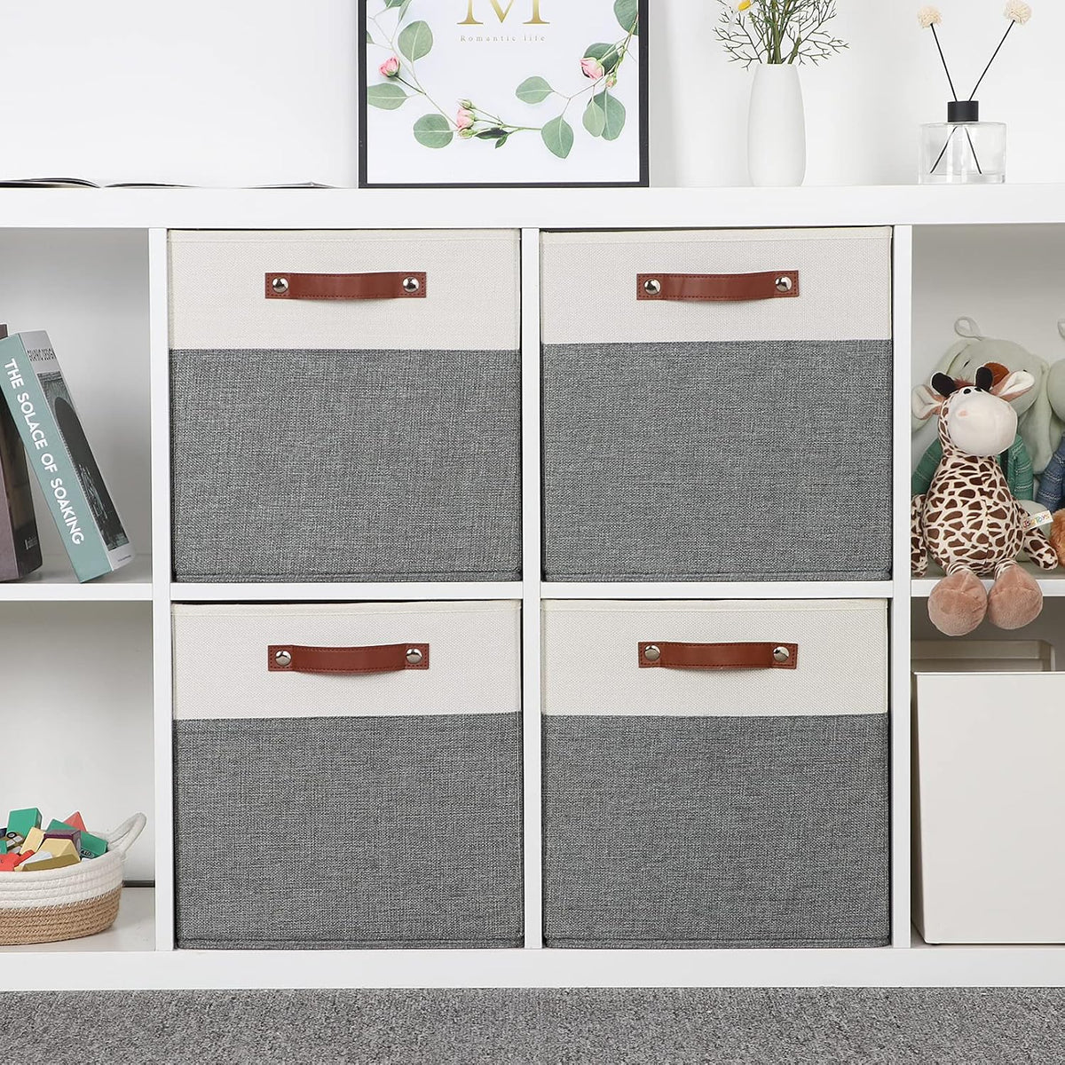 Temary 13x13 Storage Cubes 4 Pack Fabric Cube Storage Bins Large Storage Baskets with Leather