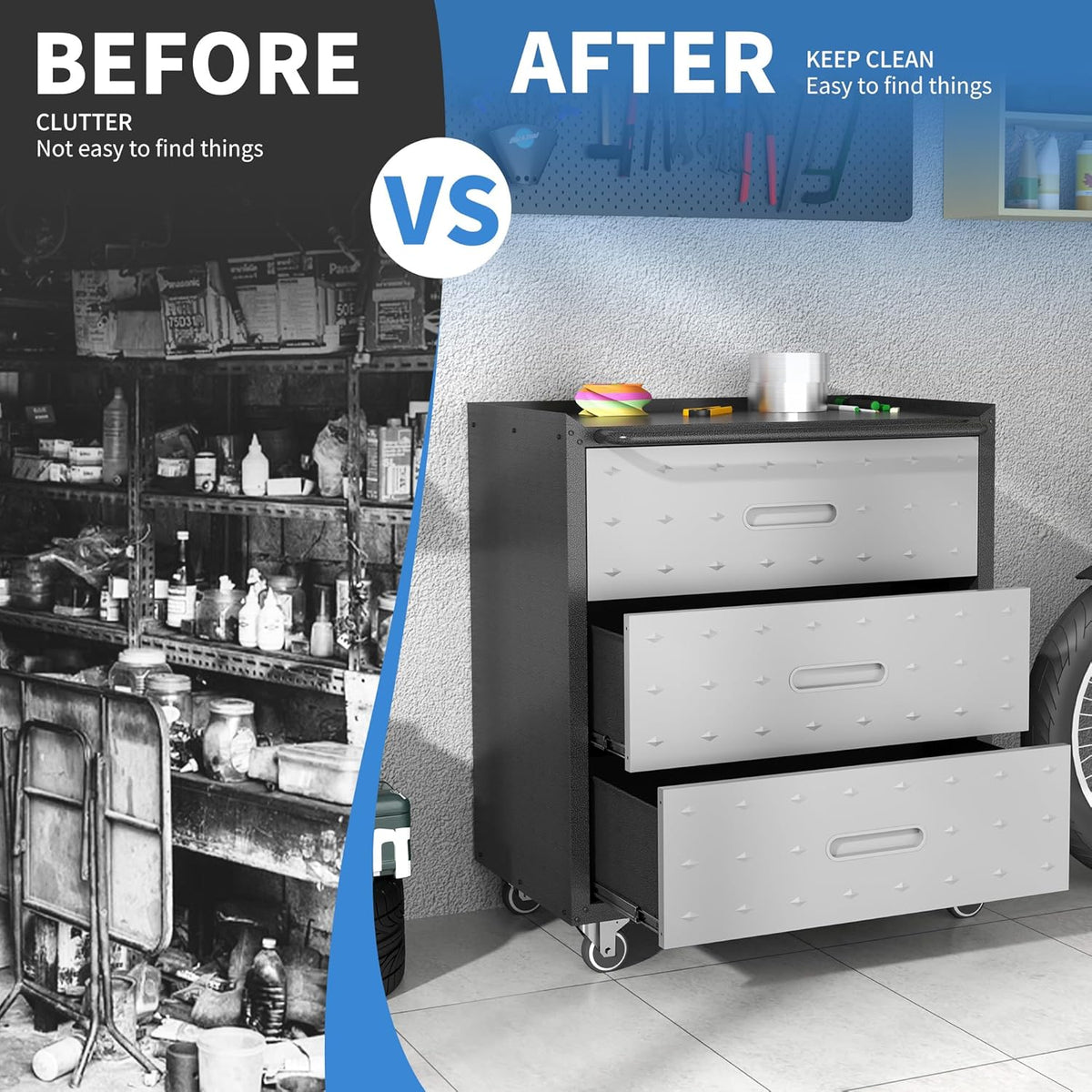 Metal Storage Cabinet with Wheels, Rolling Tool Cabinet, Garage Storage Cabinet with 3 Drawer for