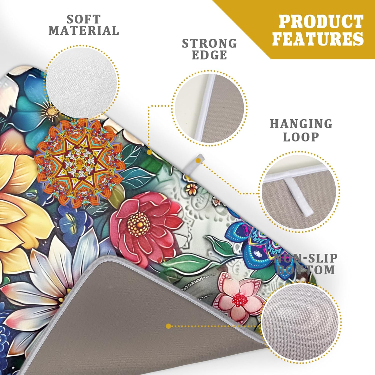 Boho Floral Dish Drying Mat for Kitchen Counter 18x24 Inch Super Absorbent Microfiber Kitchen