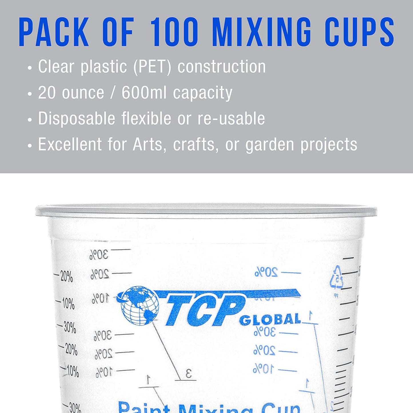TCP Global 20 oz. (600ml) Graduated Plastic Mixing Cups - Box of 100 with 50 Mixing Sticks