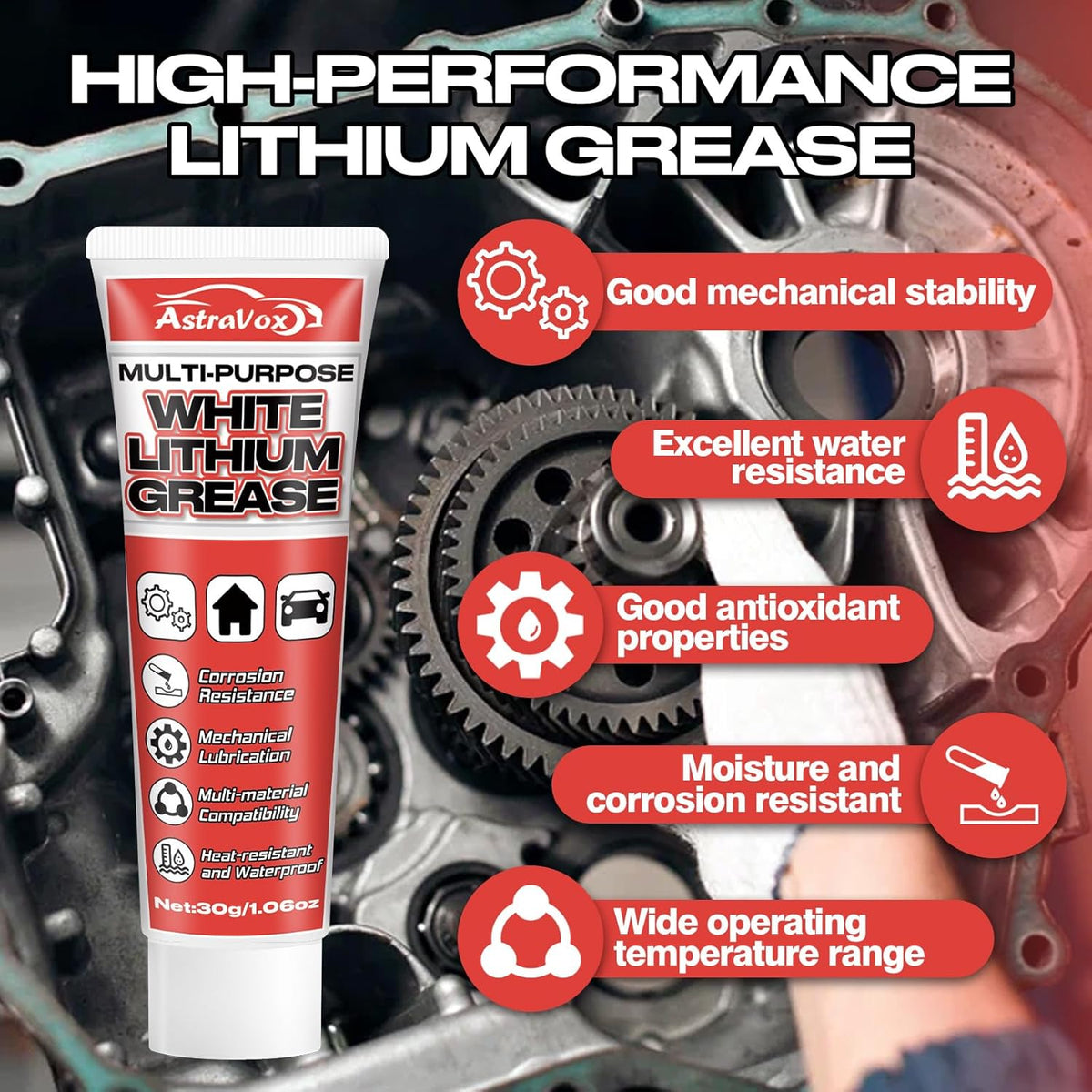 AstraVox White Lithium Grease, Multi-Purpose Lubricant Lithium Grease with Brush for Hinges