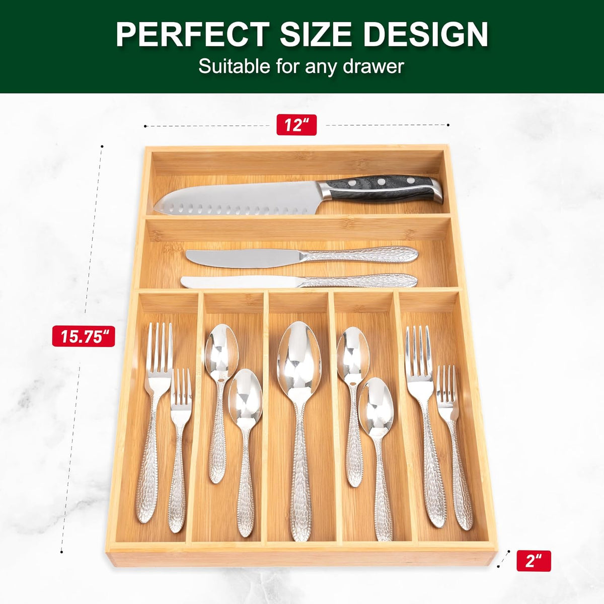 Bellsal Natural Utensil Organizer 12.5 Inch Silverware Organizer for Drawer Utensil Holder Cutlery