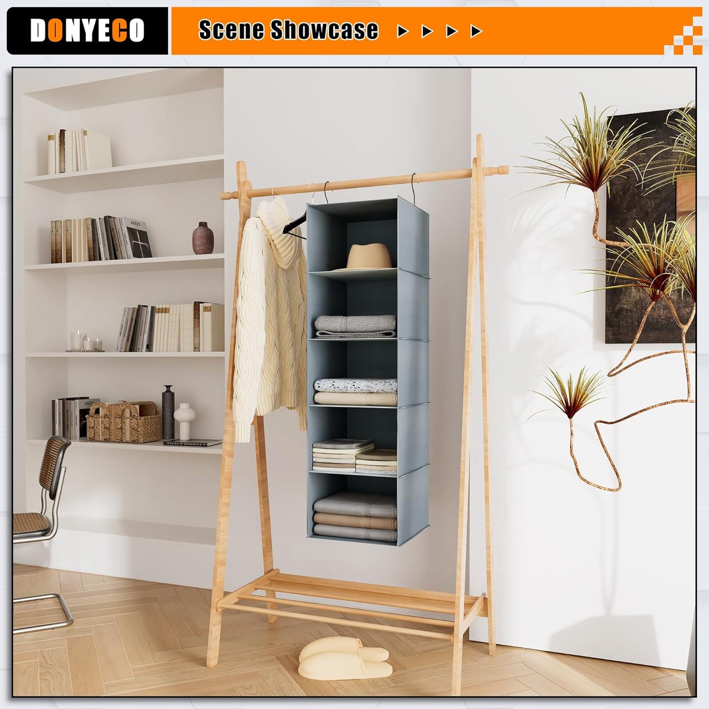 Hanging Closet Organizer 5-Shelf, Easy Mount Foldable Wardrobe Storage Shelves, Clothes Handbag