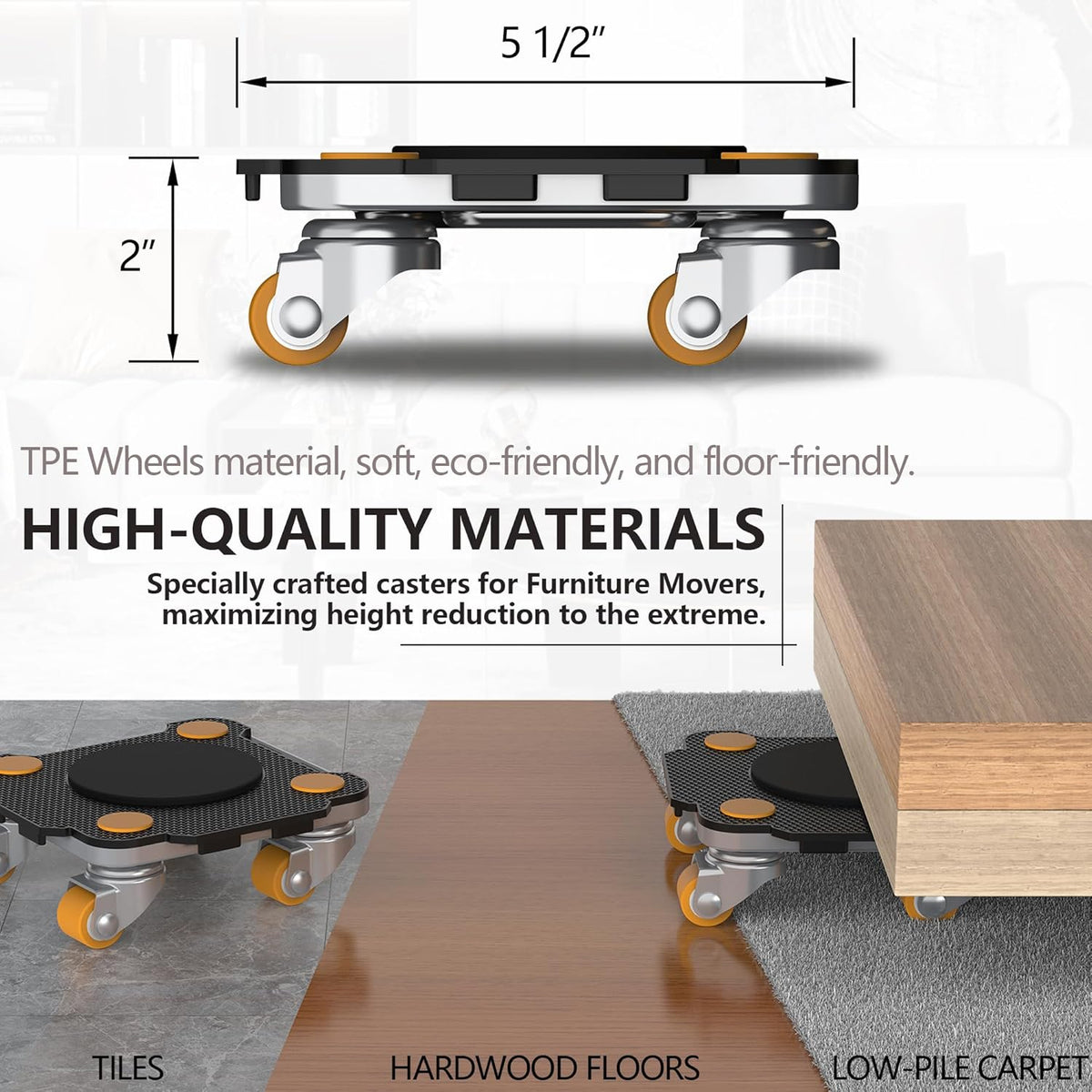 ONEON Furniture Mover Pro - 4Pack Enhanced Dollies with Custom TPE Wheels - Effortless Heavy