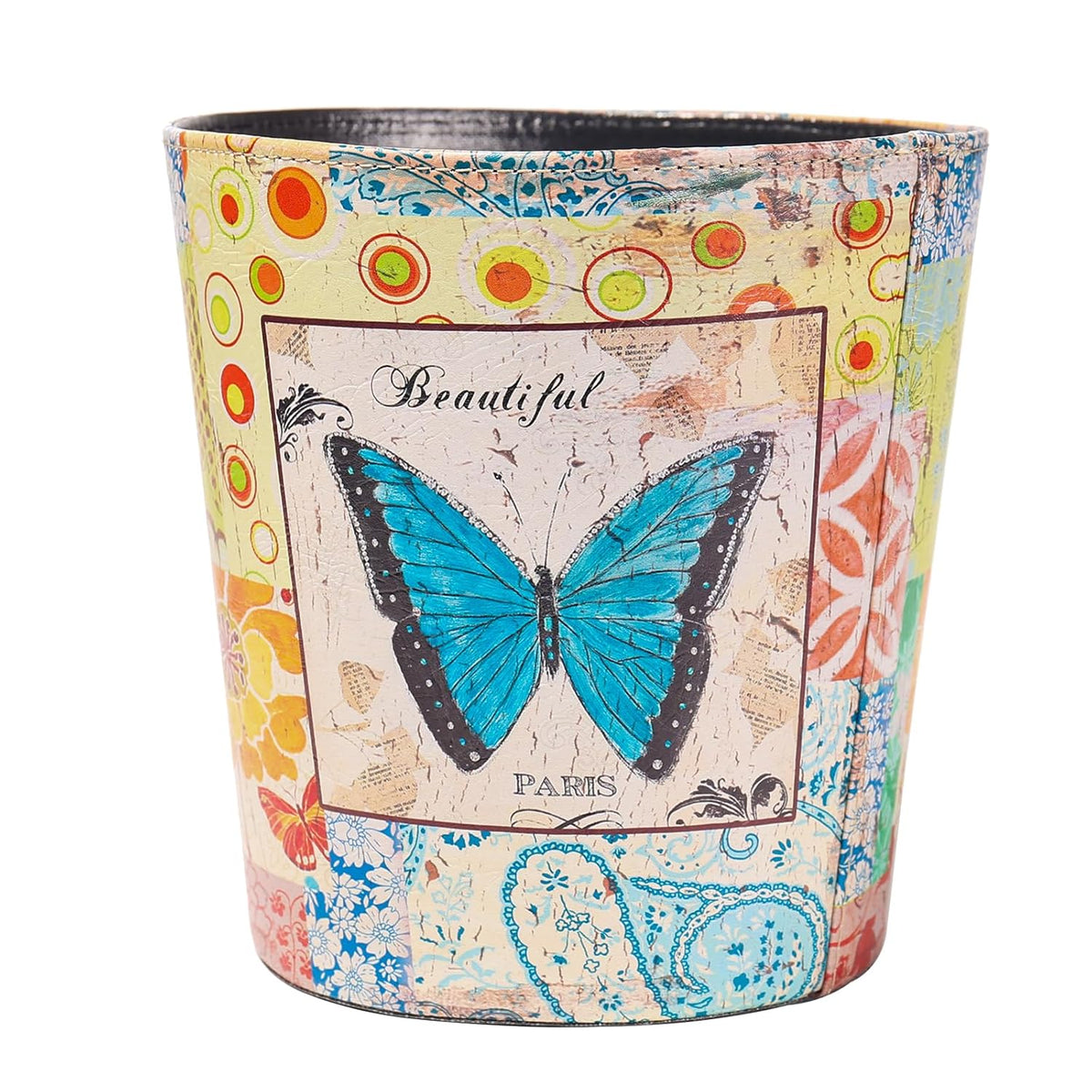 PU Leather Small Trash Can Wastebasket, Round Garbage Container Basket for Bathrooms, Laundry Room