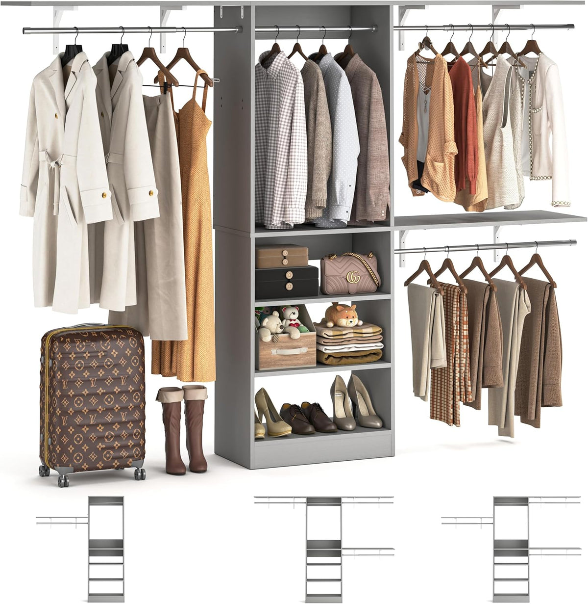 8FT Closet System with Shelves, 96'' Closet Organizer System with 3 Hanging Rods, Wall Mount