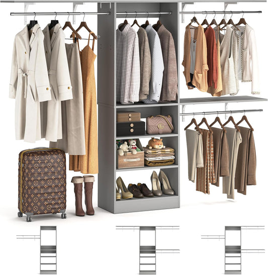8FT Closet System with Shelves, 96'' Closet Organizer System with 3 Hanging Rods, Wall Mount