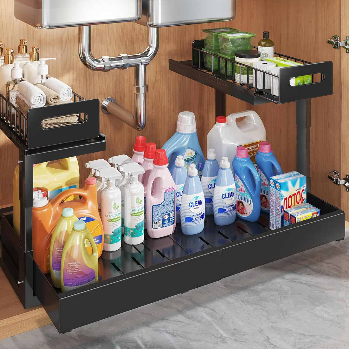 1 Pack-15.7"-25.7"W Expandable Under Sink Organizer With Upgrade Ball-Bearing Slide,2-Tier Pull Out