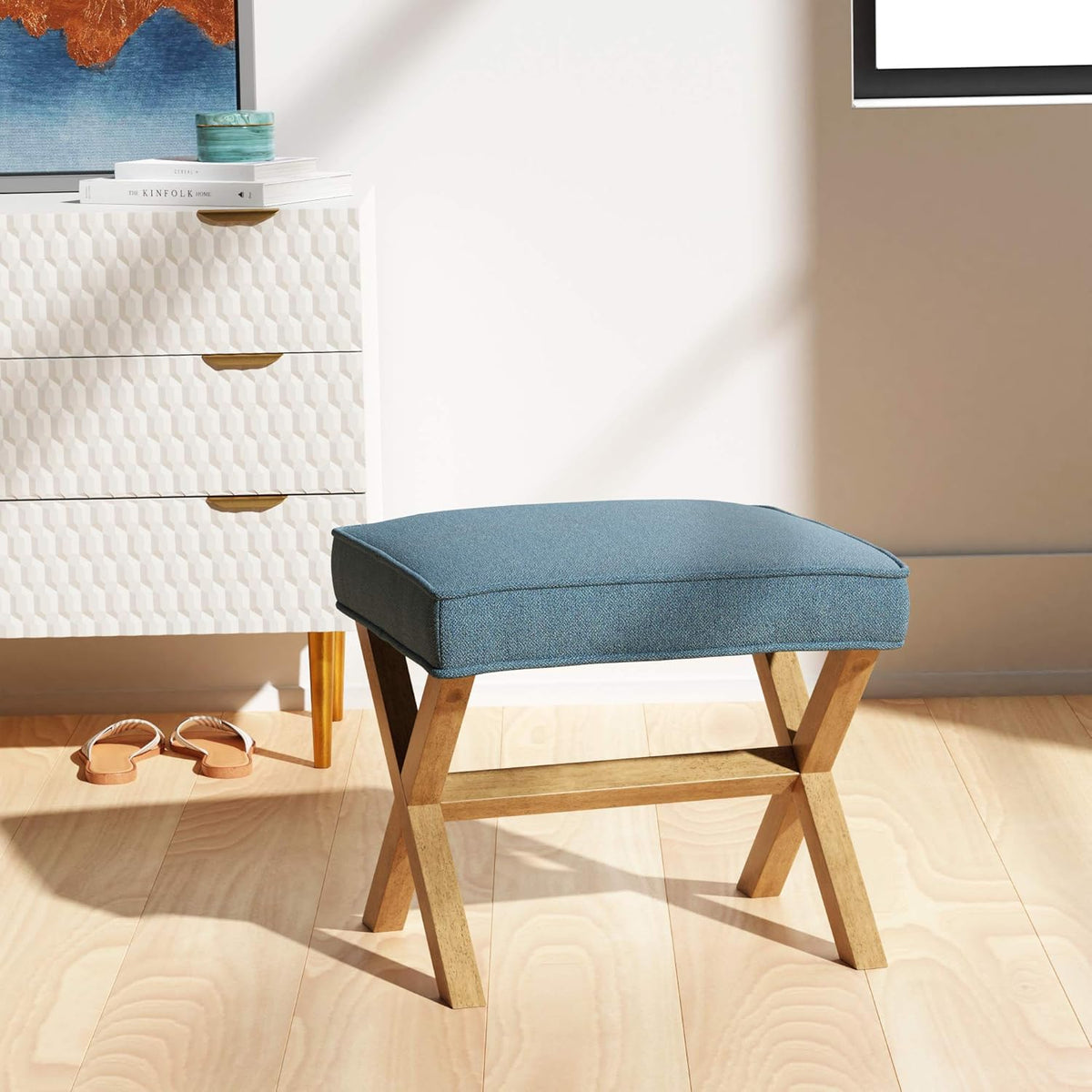 Amazon Basics Small Ottoman Foot Rest, Mid-Century Modern X Square Polyester Foot Stool, Indigo