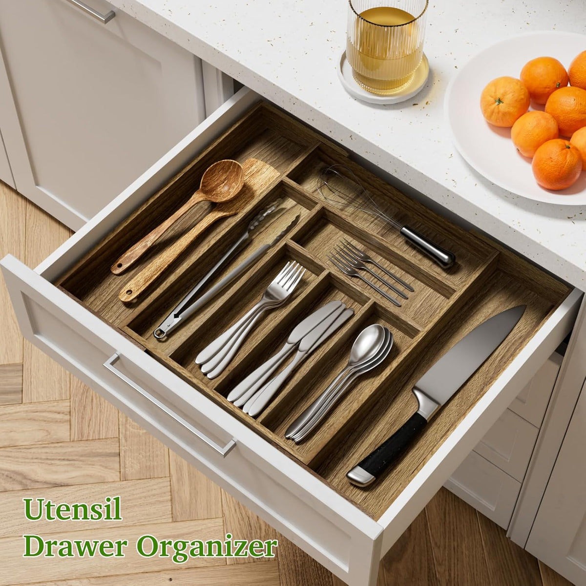 Acacia Wood Kitchen Silverware Drawer Organizer, Expandable Utensil Cutlery Drawer Organizer with