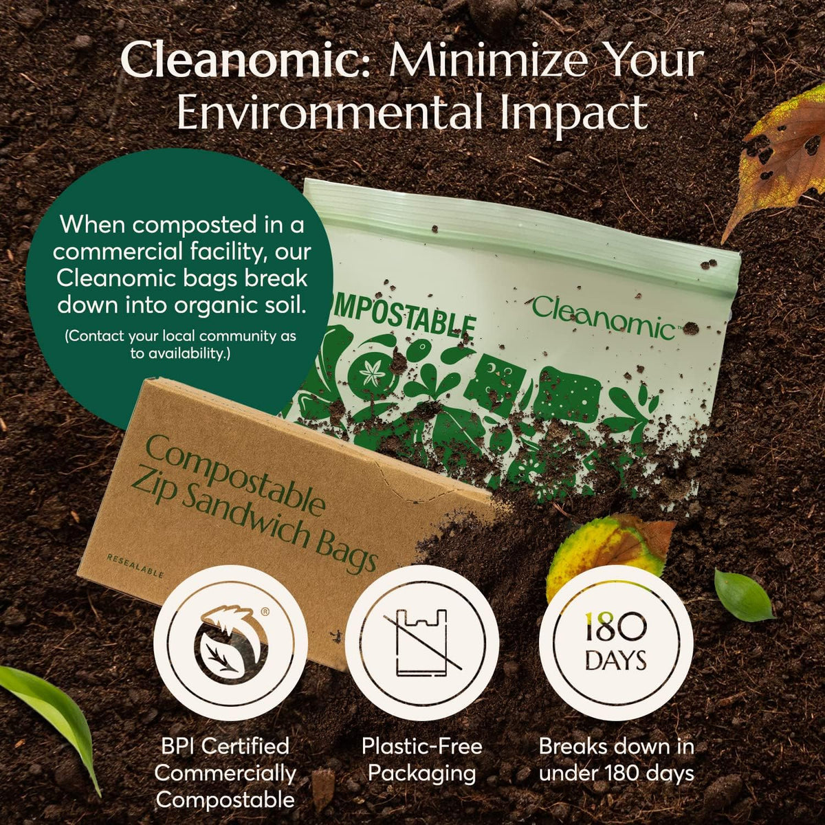 Cleanomic Compostable* Sandwich Size Food Storage Bags (25 Eco Zip) Freezer and Leak Proof, Also