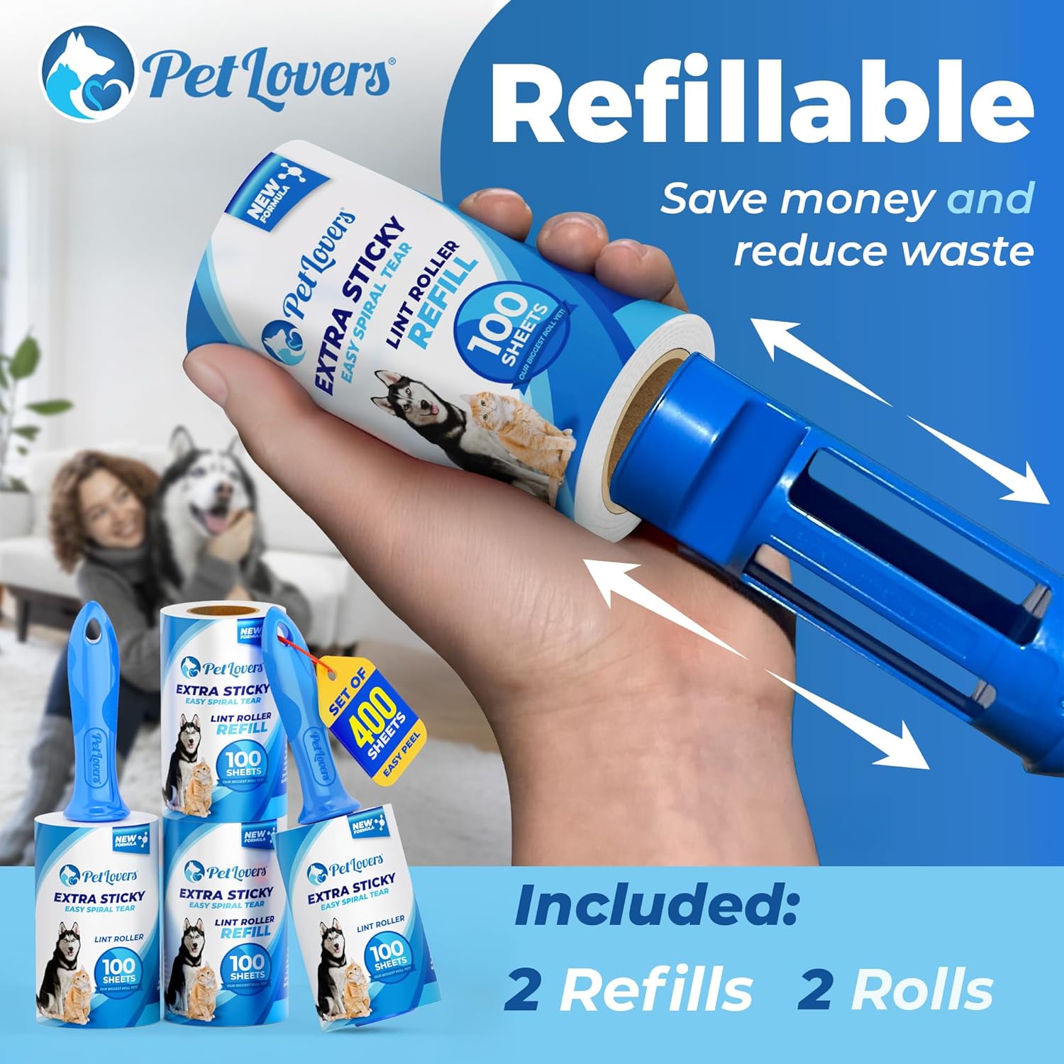 PetLovers Extra Sticky Lint Roller Ultimate Value Set 400 Sheets for Pet Hair Removal, Dog and Cat