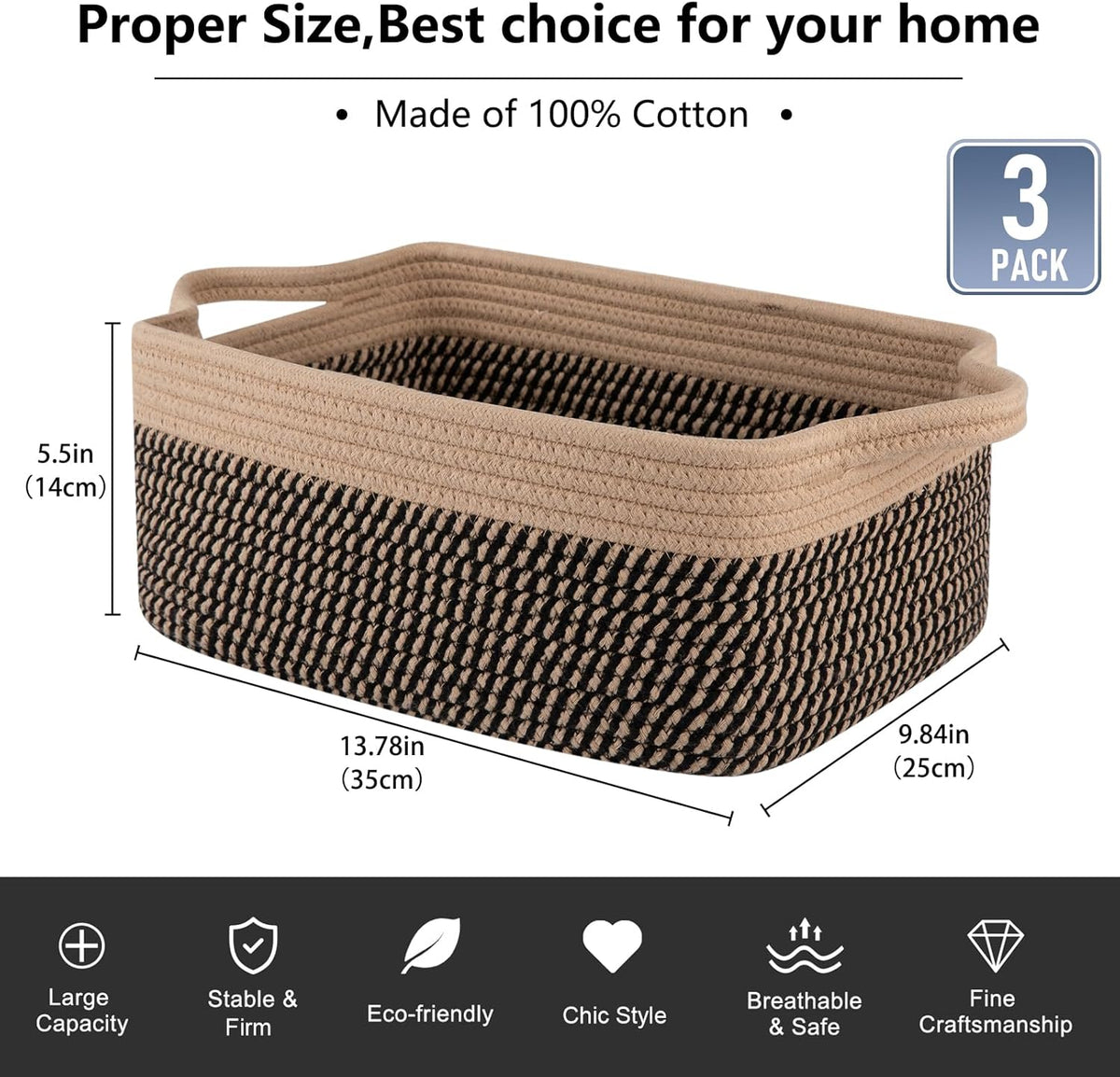 OIAHOMY 3 Pack Storage Baskets for Organizing, Woven Cotton Rope Basket for Shelves, Closet