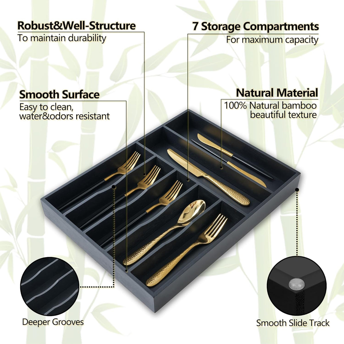 Silverware Organizer, 12.5 Inch Utensil Organizer Kitchen Drawer Organizer Bamboo Silverware Holder