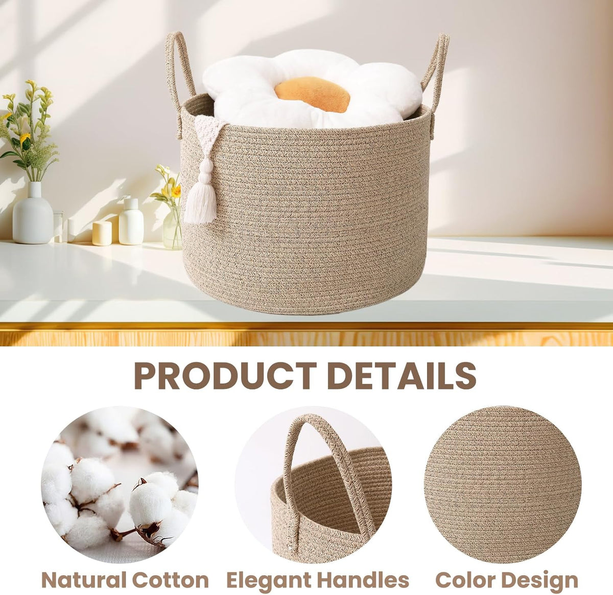 Woven Blanket Basket,115L Large Rope Storage Bin with Handles, Organizer for Blankets Toys Book and