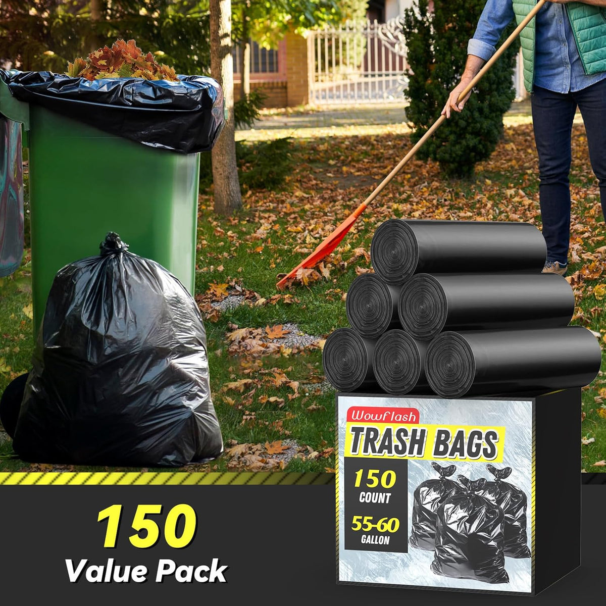 150 Count 55-60 Gallon Trash Bags, Sturdy & Tear-Resistant Commercial Can Liners 55 Gallon, Large