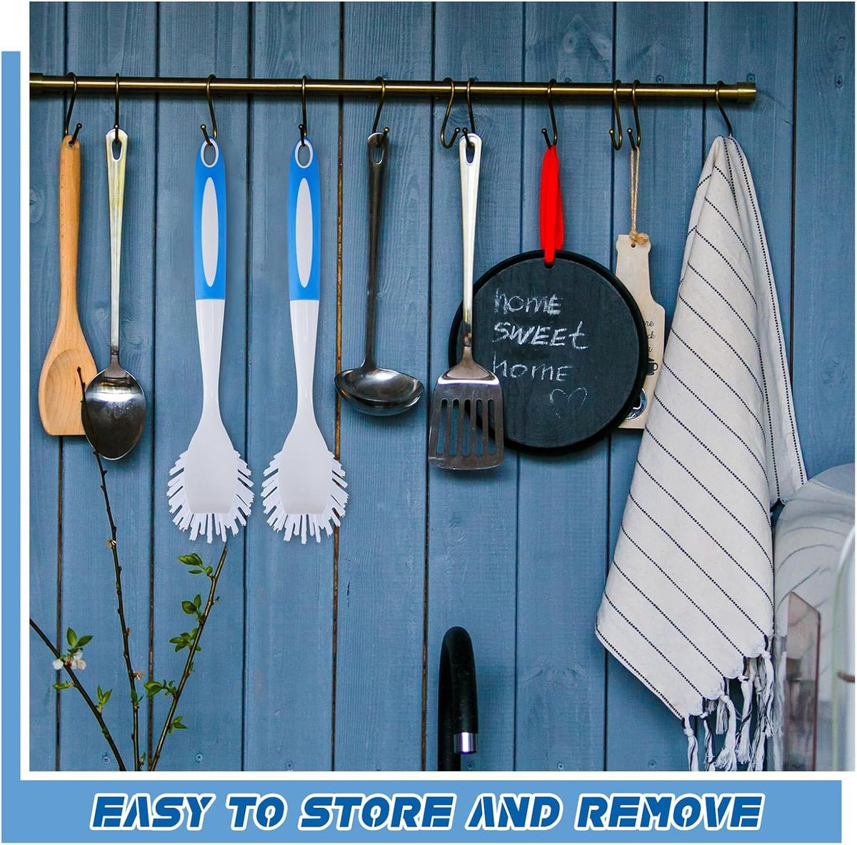 Hsei 6 Pcs Blue Kitchen Scrub Dish Brush Bulk with 11 Inch Handle Cleaning Dish Scrubber with Stiff