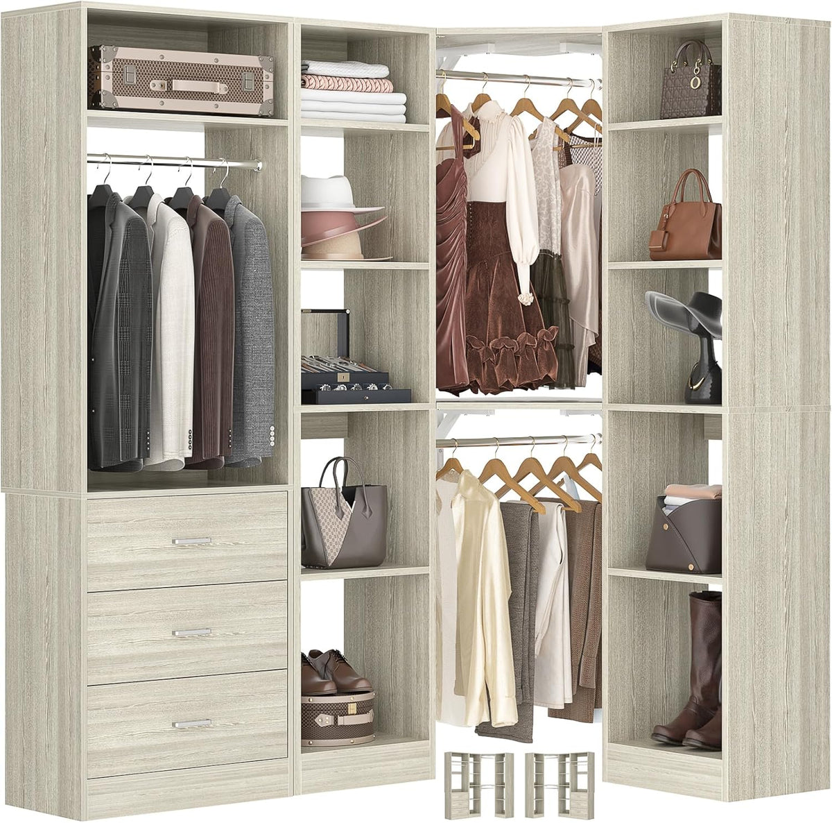 Corner Closet System with 3 Drawers, Corner Closet Organizer System with 13 Shelves & 3 Hanging