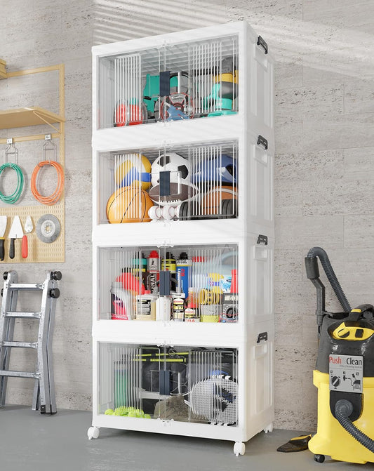 OlarHike 97QT Stackable Storage Bins with Lids - Folding Storage Box with Doors and Wheels
