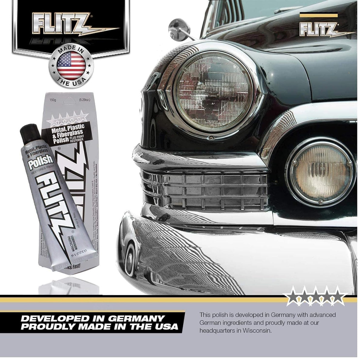 Flitz Multi-Purpose Metal Polish Paste - 5.29oz Tube of USA-Made Chrome Polish - Works on Stainless