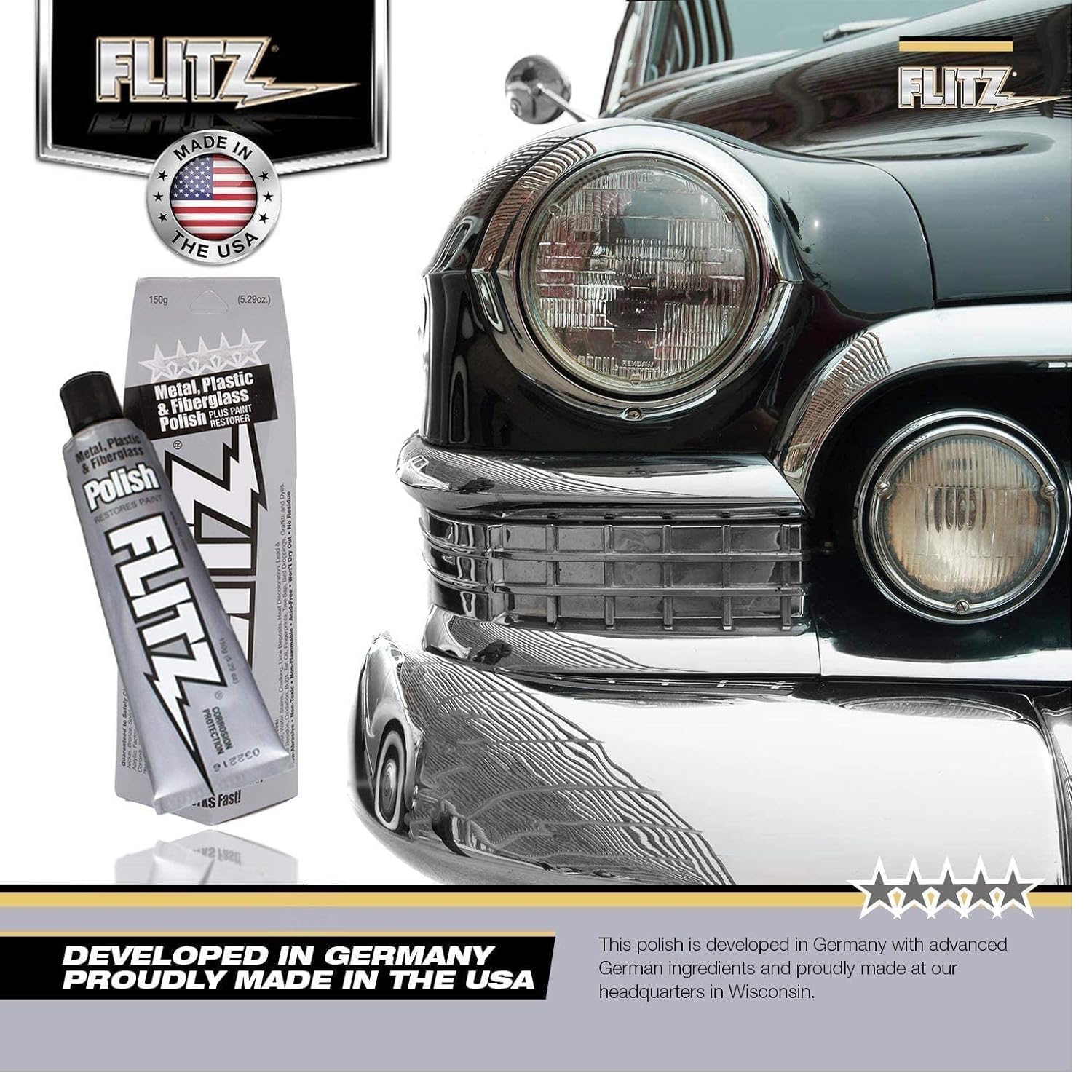 Flitz Multi-Purpose Metal Polish Paste - 5.29oz Tube of USA-Made Chrome Polish - Works on Stainless