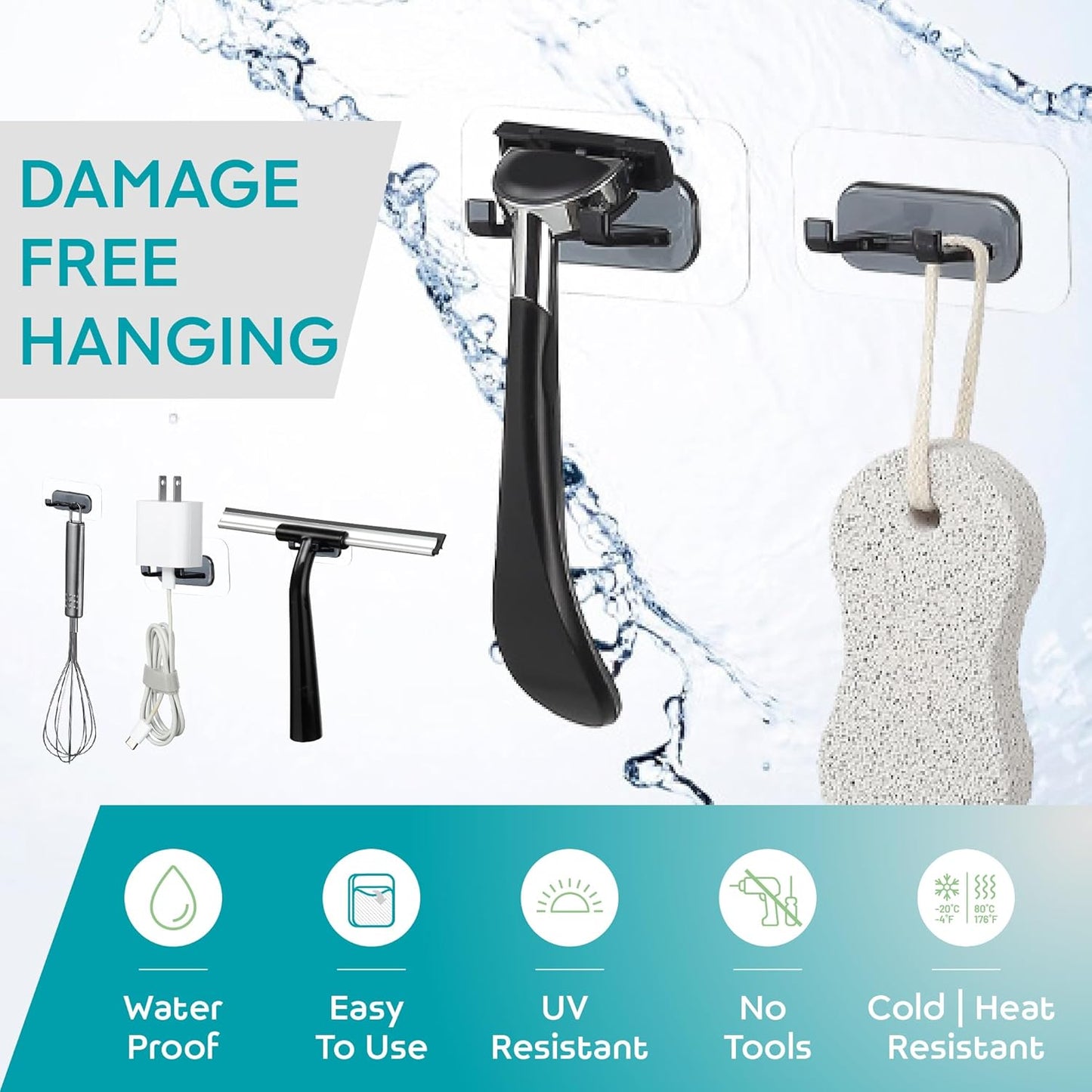 Hook LAB Self-Adhesive Shower Razor Holder, 2-Pack, Removable & Reusable Waterproof Hooks, for