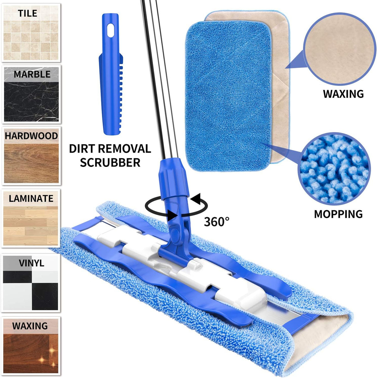 MR.SIGA Professional Microfiber Mop for Hardwood, Laminate, Tile Floor Cleaning, Stainless Steel