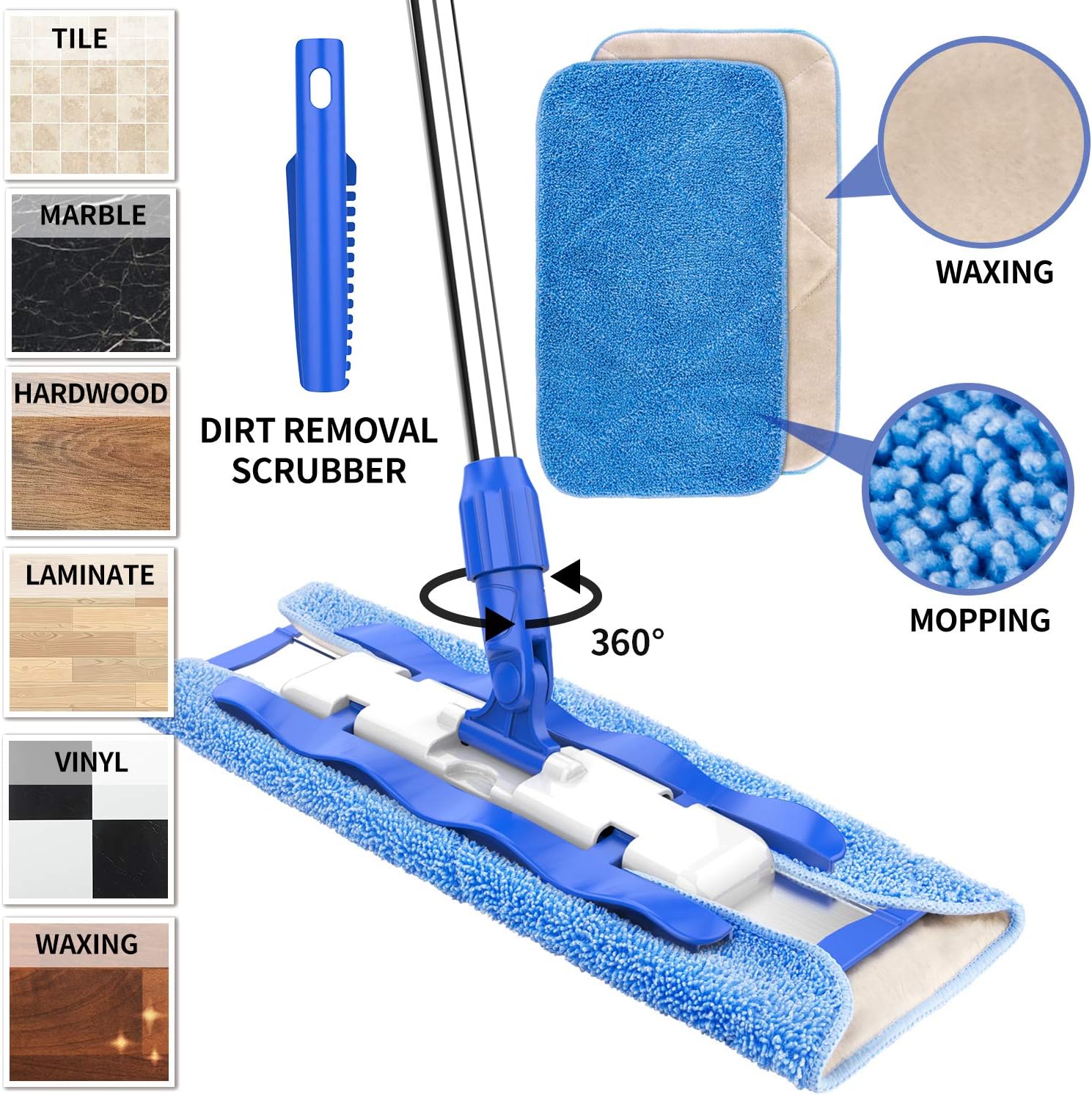 MR.SIGA Professional Microfiber Mop for Hardwood, Laminate, Tile Floor Cleaning, Stainless Steel