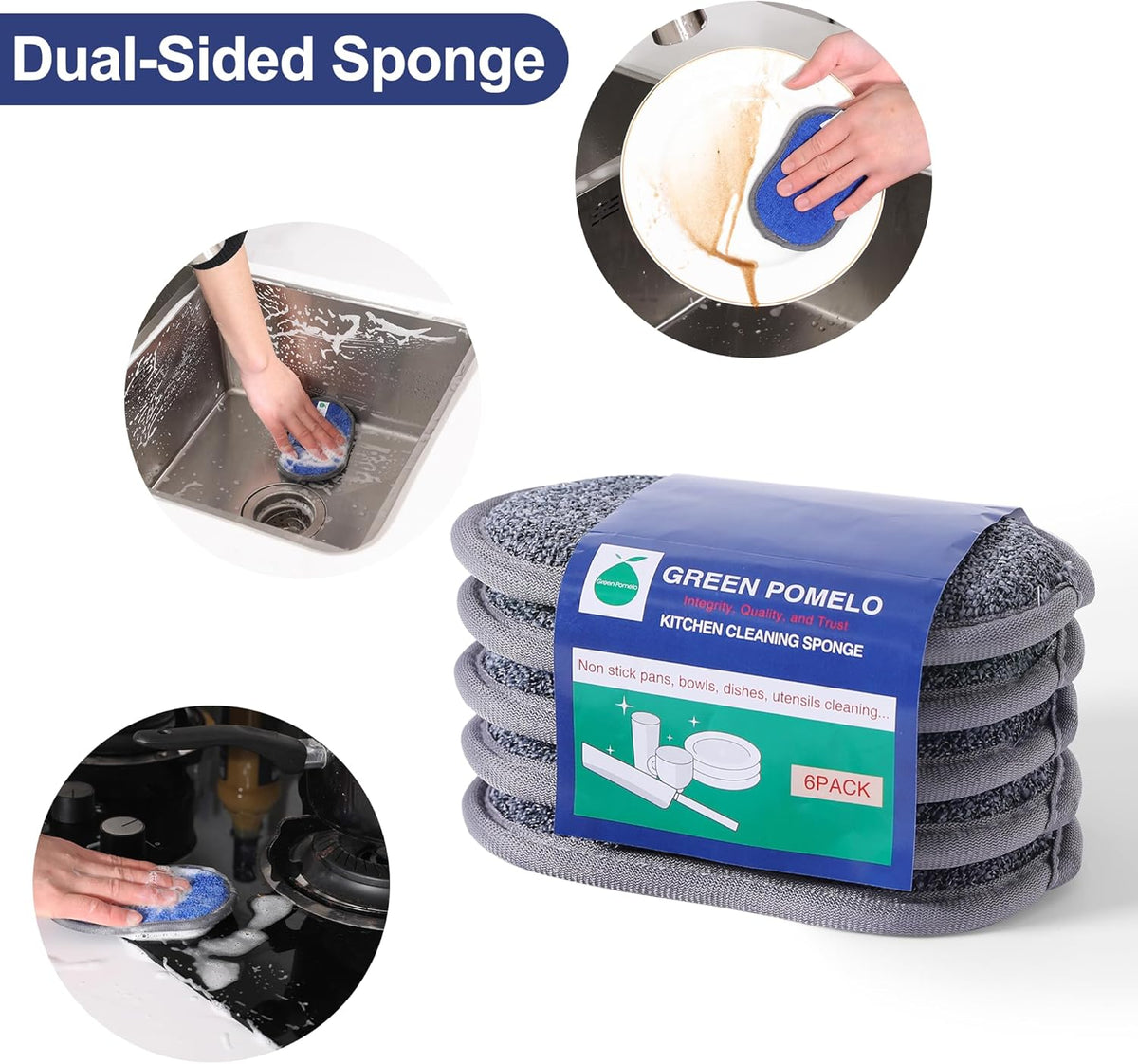 Multipurpose Sponges Kitchen,6 Pack Reusable Non-Scratch Scrub Sponge,Rough Scrubbers Side for Pots