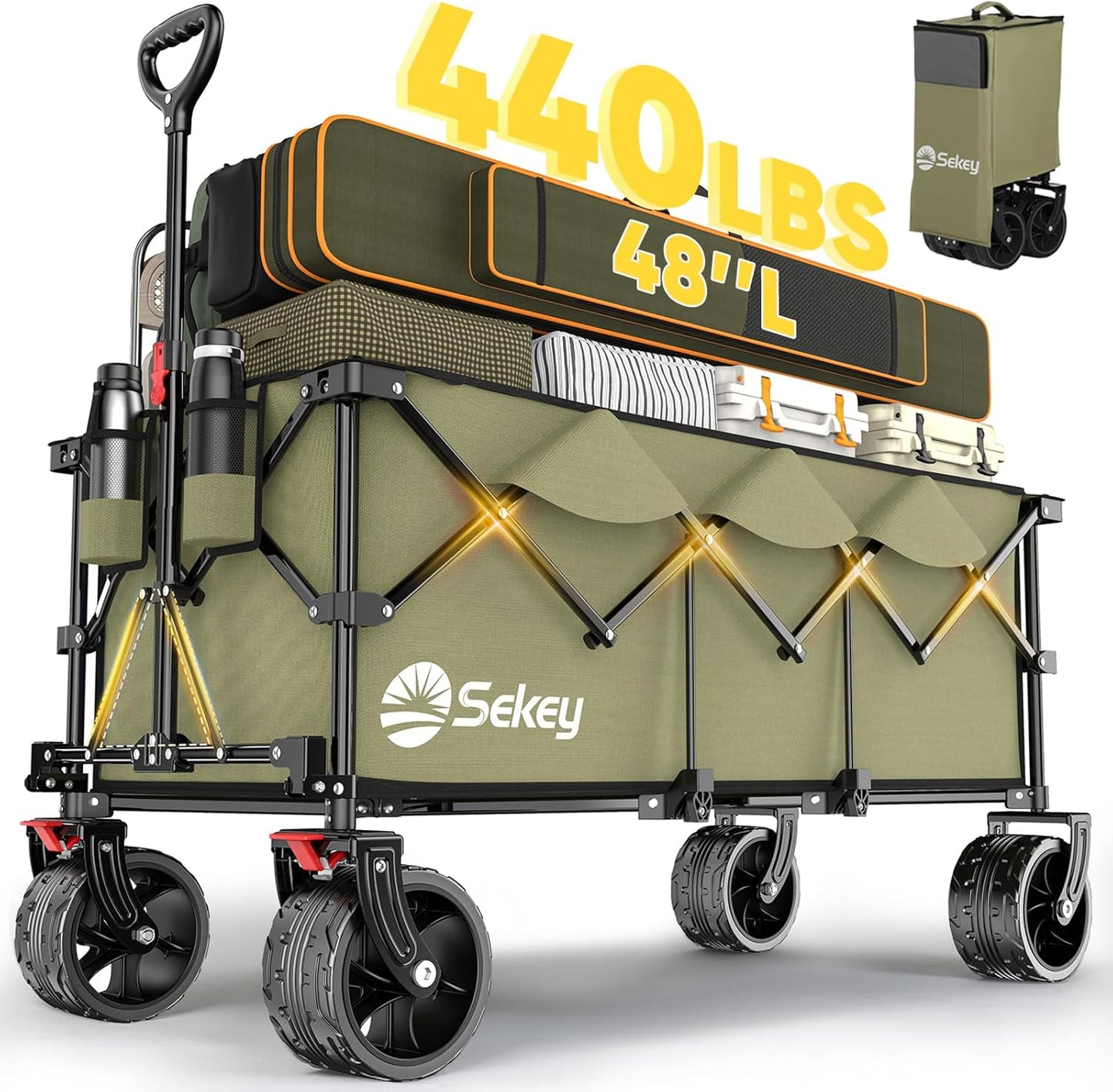 Sekey 48''L Collapsible Foldable Extended Wagon with 440lbs Weight Capacity, Heavy Duty 300L