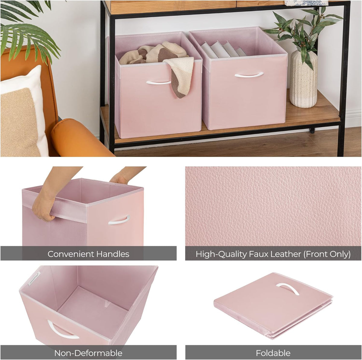 StorageWorks Pink Storage Cubes, 13x13 Storage Cube Bins with Handle, Cube Storage Organizer Bins