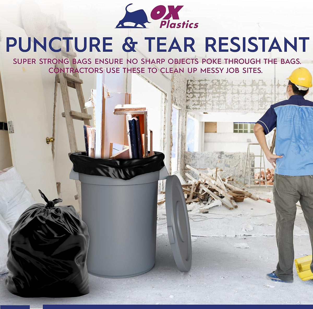 Ox Plastics Trash Can Liners Bags - 60 Gallon Capacity & 2mil Thick Extra Heavy Duty Strength