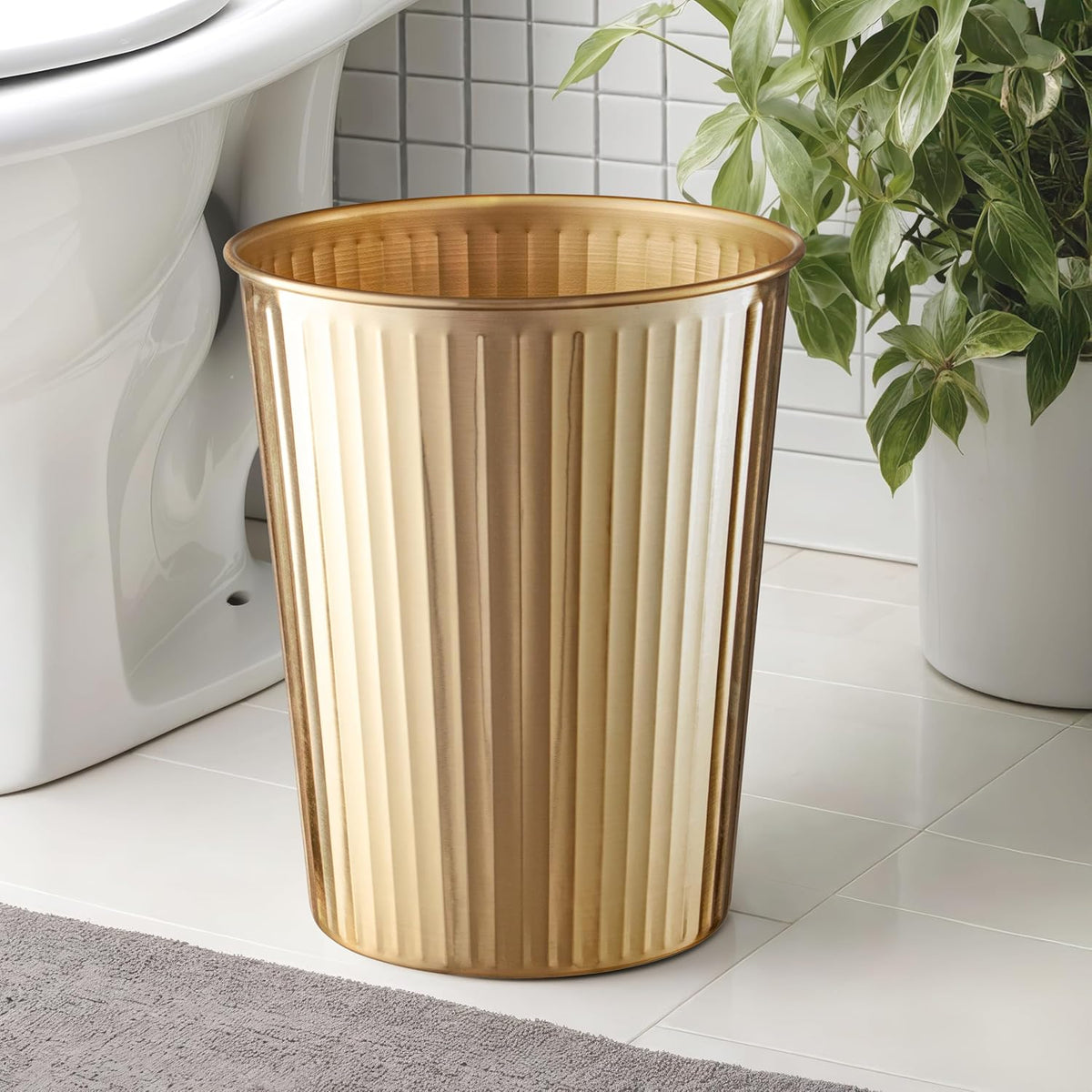 Monarch Abode Brushed Gold Handcrafted Ridge Embossed Metal Wastebasket for Home Office, Decorative