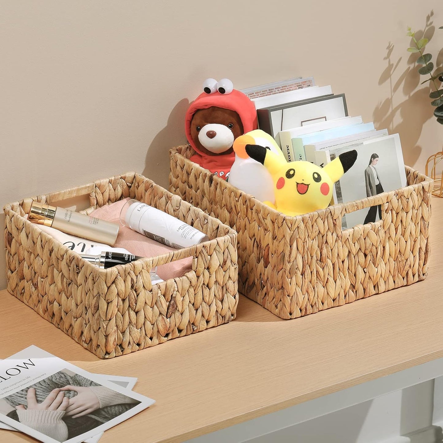 HOONEX Water Hyacinth Storage Baskets, Wicker Baskets for Organizing, Hand Woven Baskets with Carry