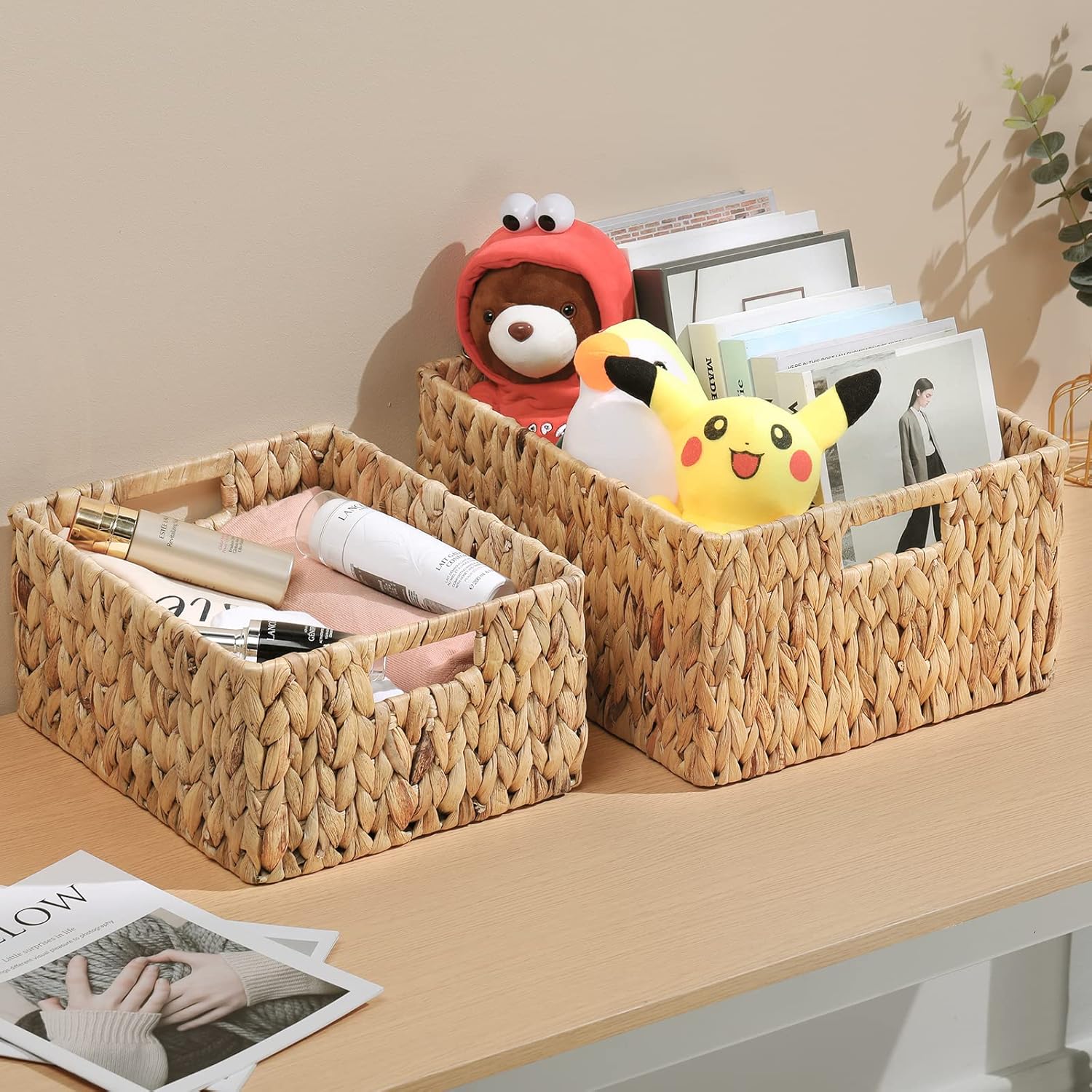 HOONEX Water Hyacinth Storage Baskets, Wicker Baskets for Organizing, Hand Woven Baskets with Carry