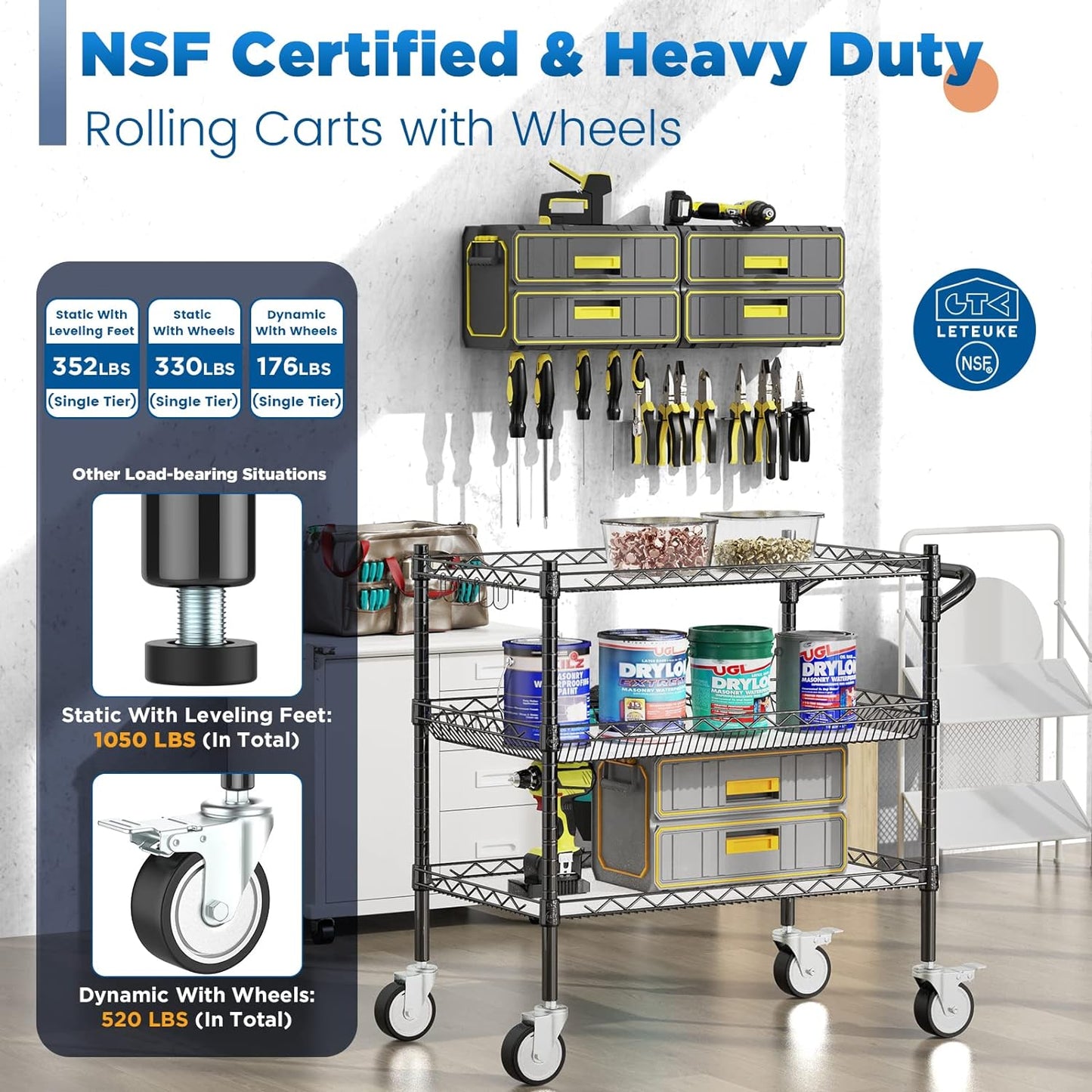 Leteuke 3 Tier Rolling Carts with Wheels,990Lbs Heavy Duty Rolling Utility Cart,NSF Commercial