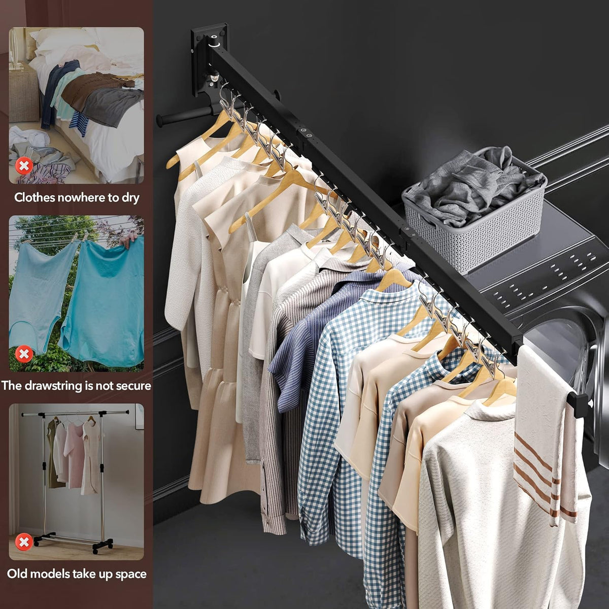 Wall Mounted Clothes Hanger, Aluminum Clothes Drying Rack, Space Saver, Retractable, Windproof