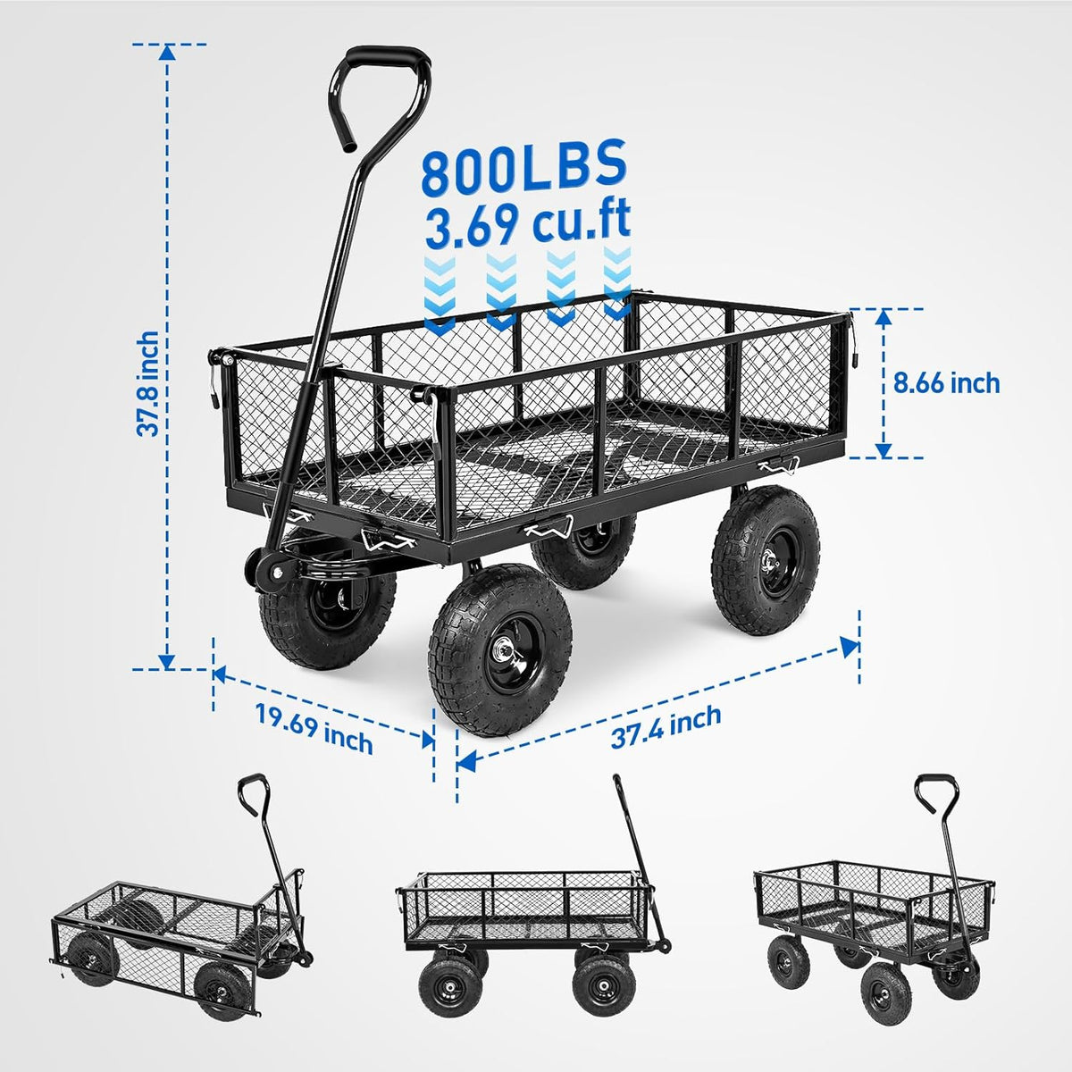 Yesker Steel Garden Carts - 800lbs Dump Wagon with All Terrain Inflatable Wheels for Yard Lawn