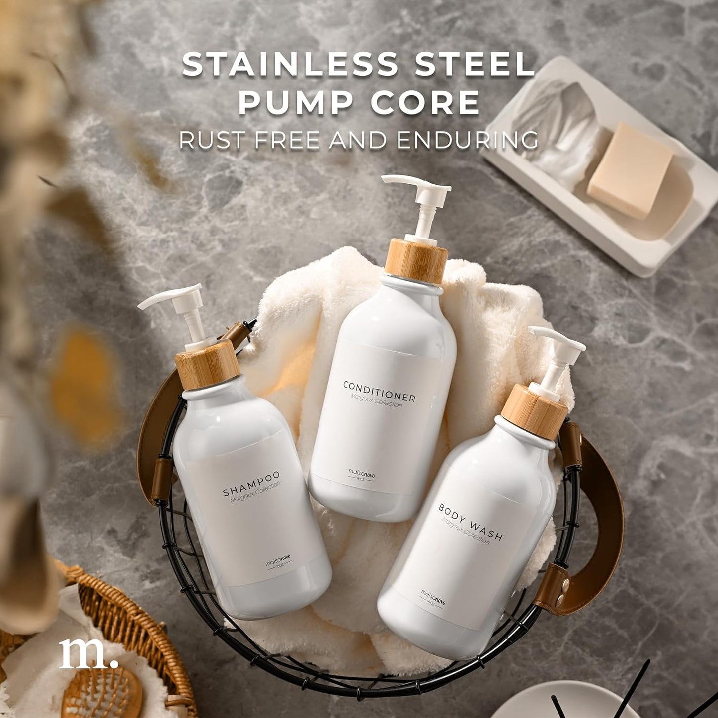 MaisoNovo Refillable Shampoo and Conditioner Bottles | 16.9 fl oz Set of 3 White Plastic Bottles