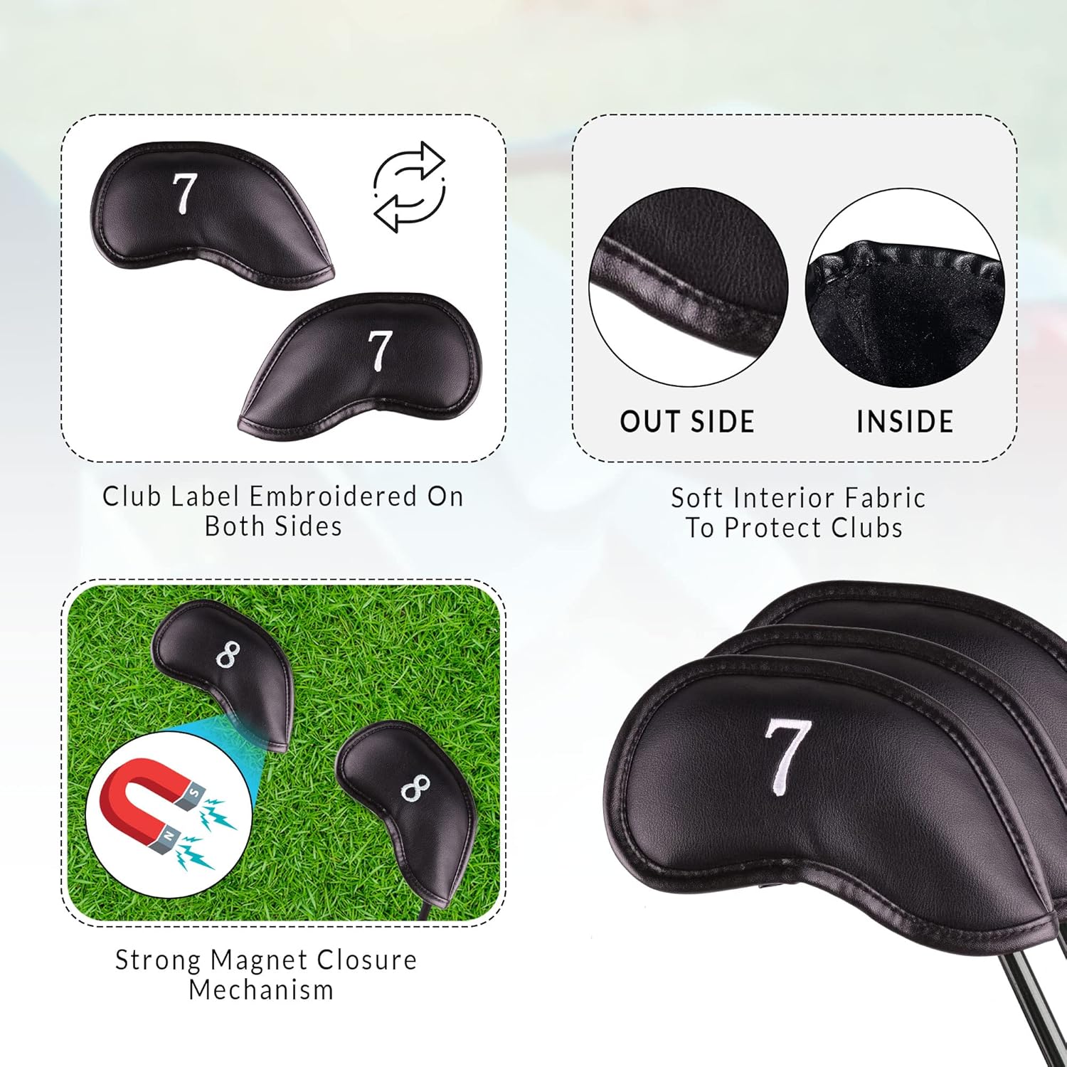 Premium Magnetic Leather Iron and Wedge Golf Club Head Covers | Set of 10 | Fits Most Clubs |