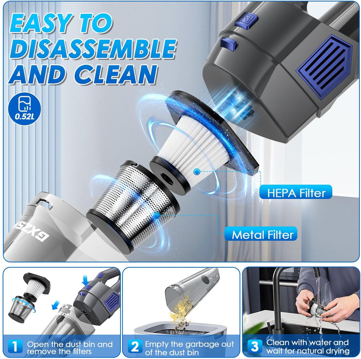 Handheld Vacuum Cordless, 15000PA Strong Suction Hand Held Car Vacuum Cleaner Rechargeable