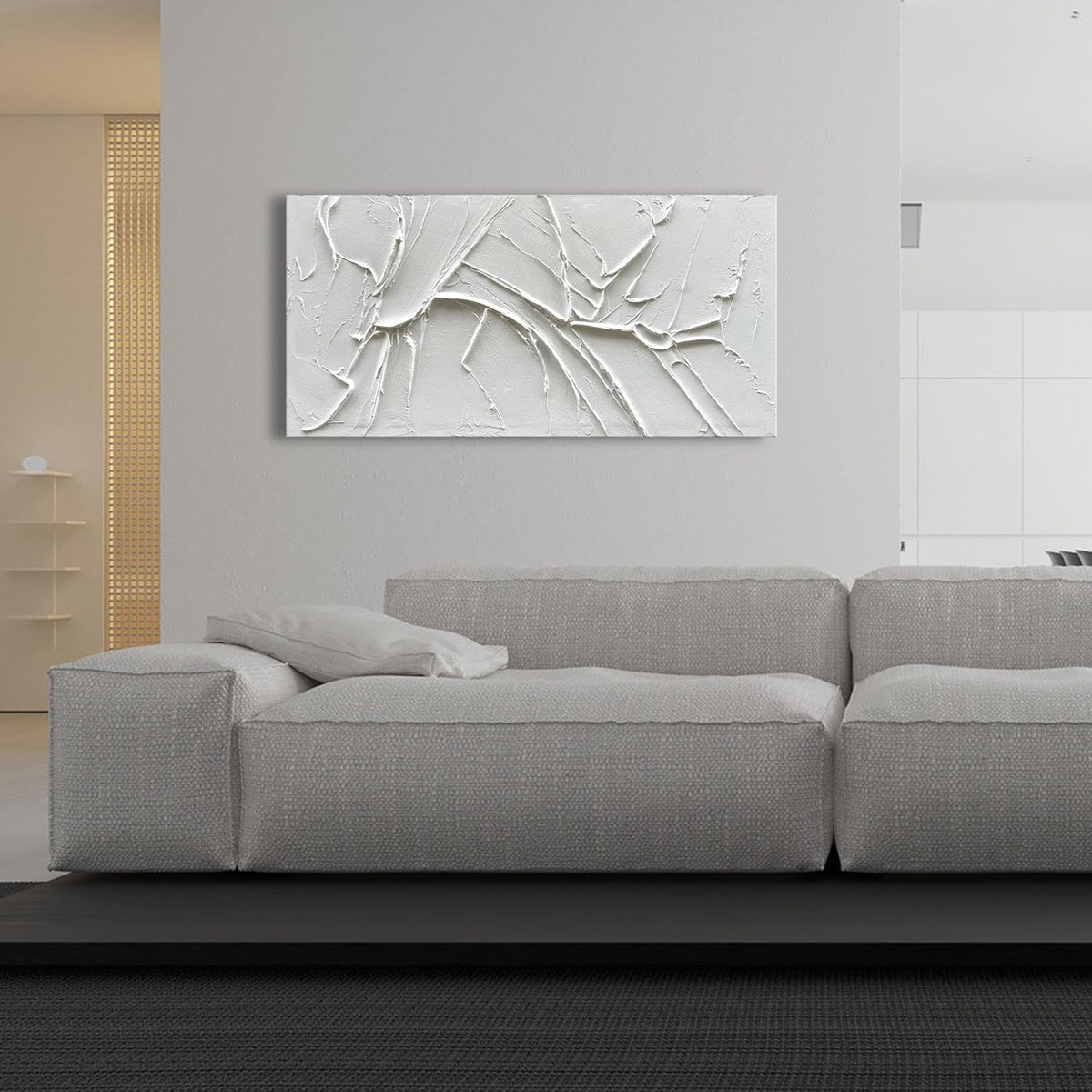 NANKAI Hand-Painted Thick Texture White Minimalist Oil Painting 24x48 Inches Contemporary Abstract