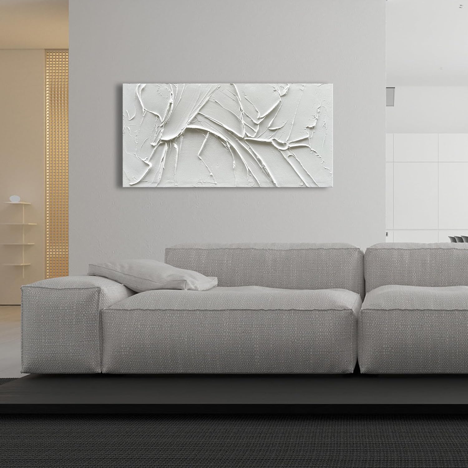NANKAI Hand-Painted Thick Texture White Minimalist Oil Painting 24x48 Inches Contemporary Abstract
