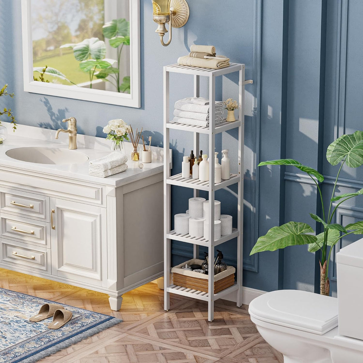 SMIBUY Bathroom Storage Shelf, 5-Tier Bamboo Rack Organizer, Multifunctional Shelving Unit for