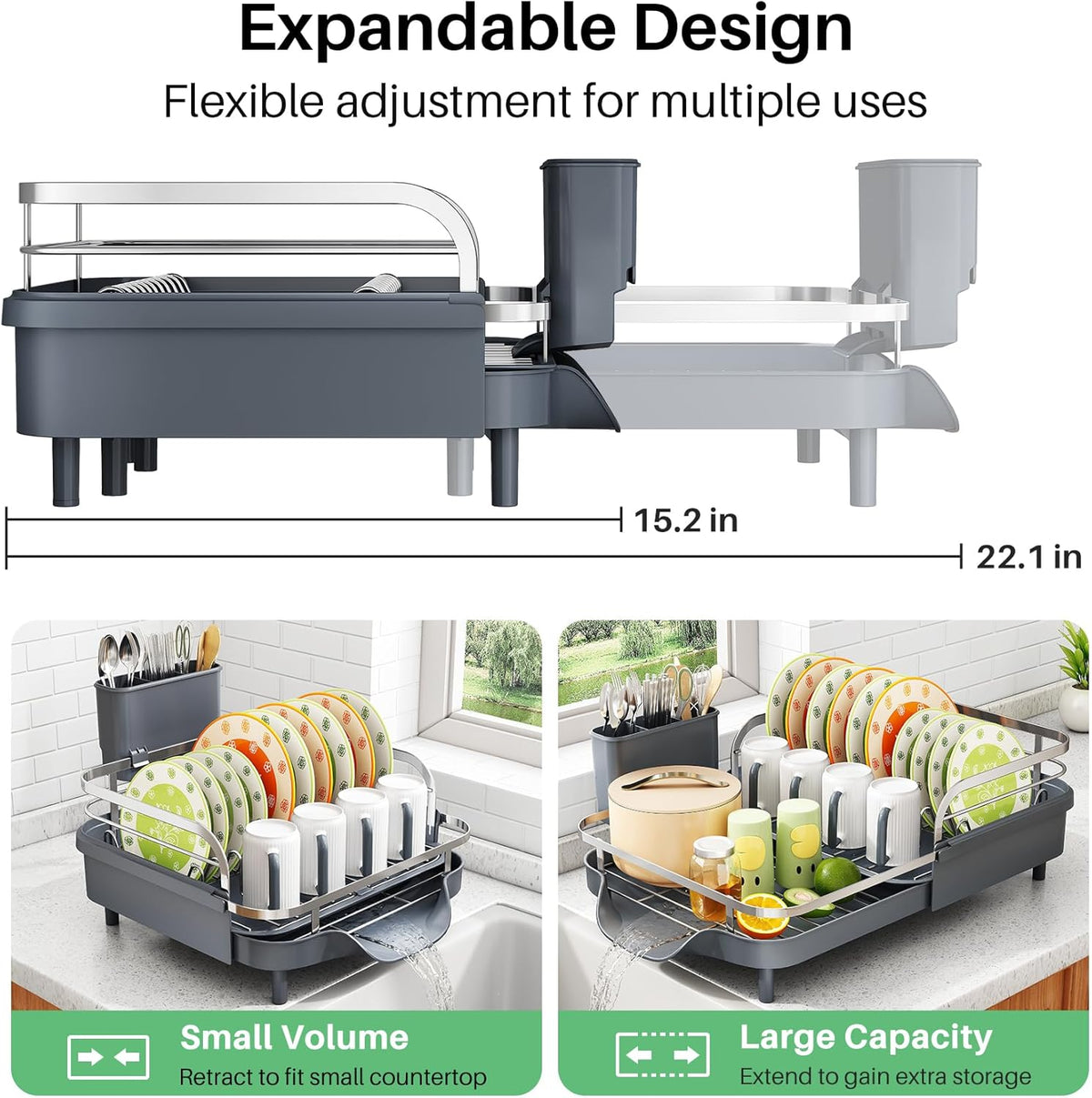 SAYZH Dish Drying Rack - Expandable Dish Rack for Kitchen Counter, Rust-Resistant Dish Drainer with